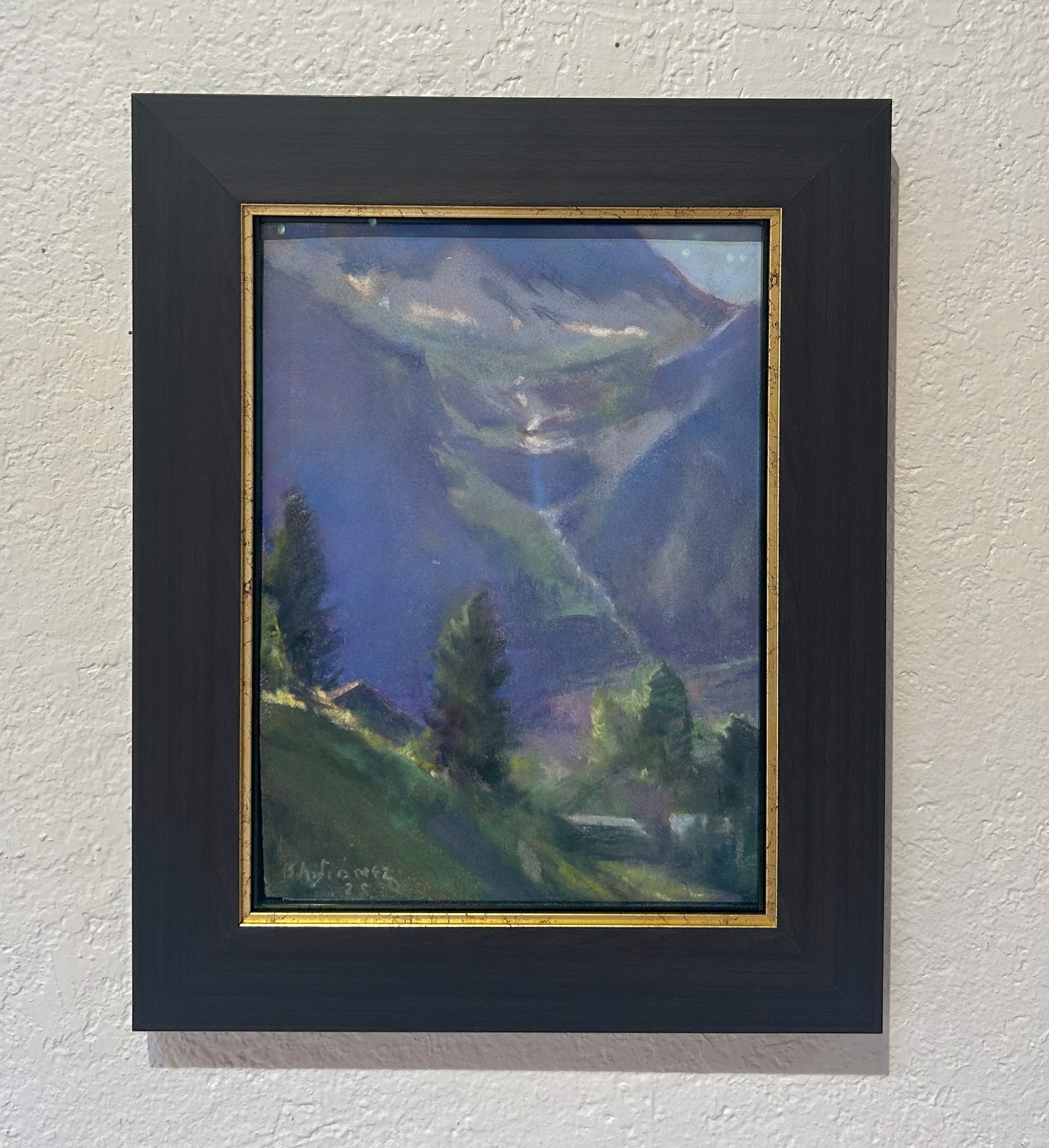 A painting of a mountain landscape with trees and mountains in the background.