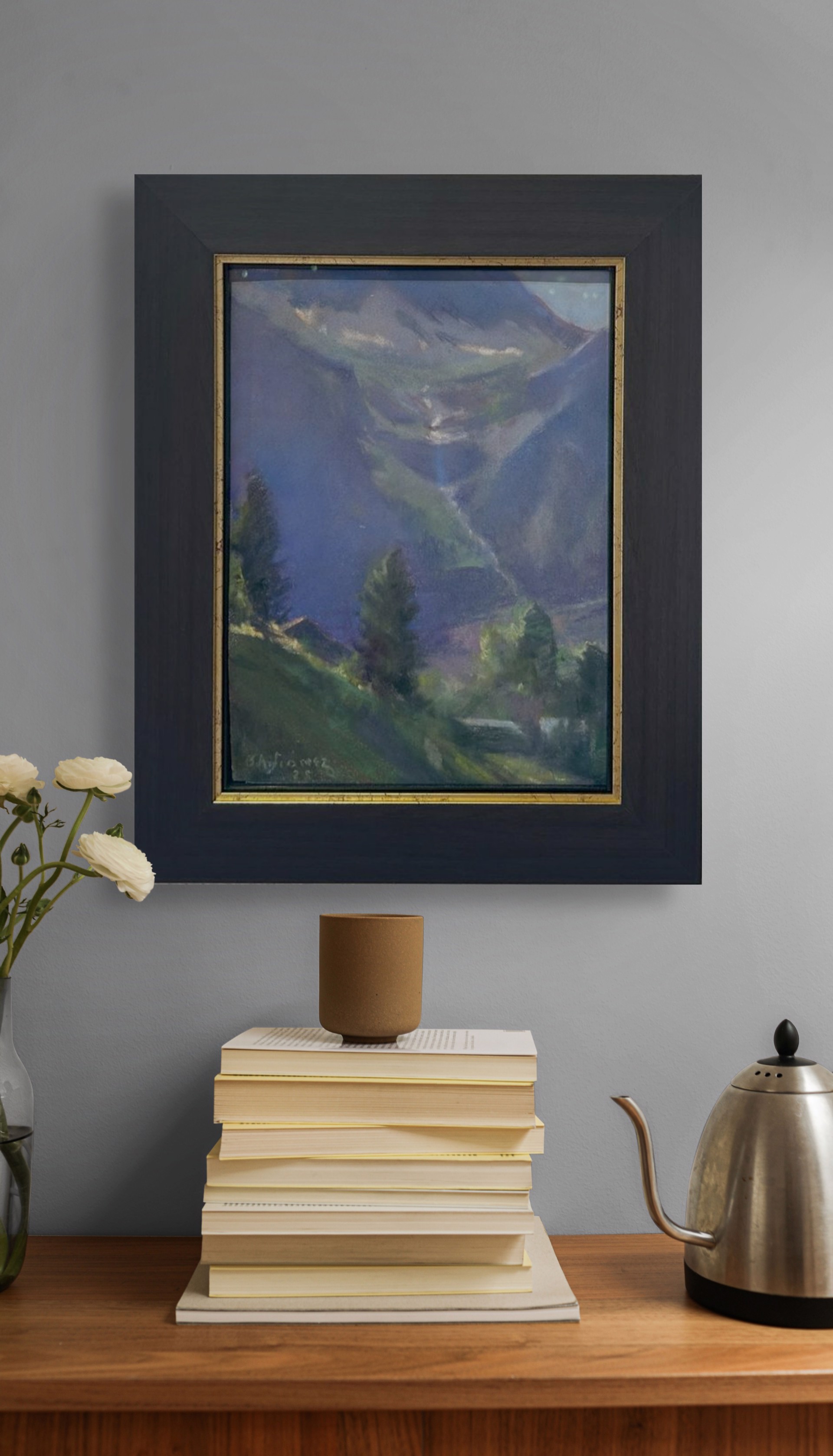 A painting of a mountain landscape with trees and mountains in the background.
