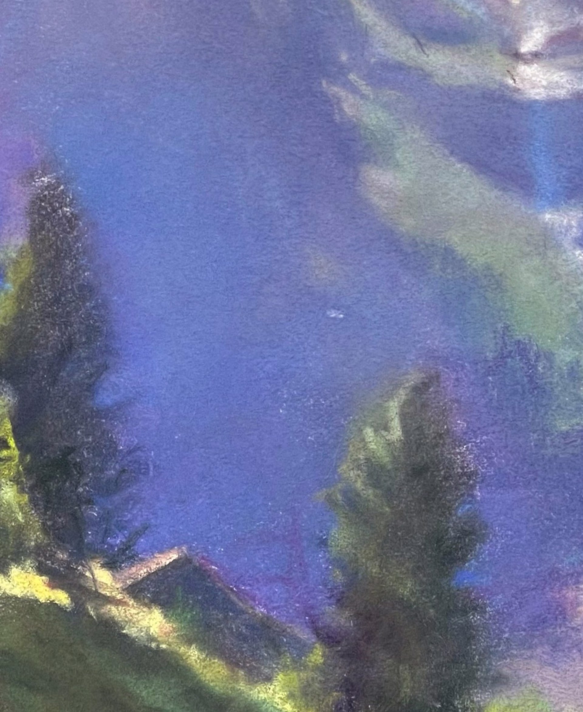 A painting of a mountain landscape with trees and mountains in the background.
