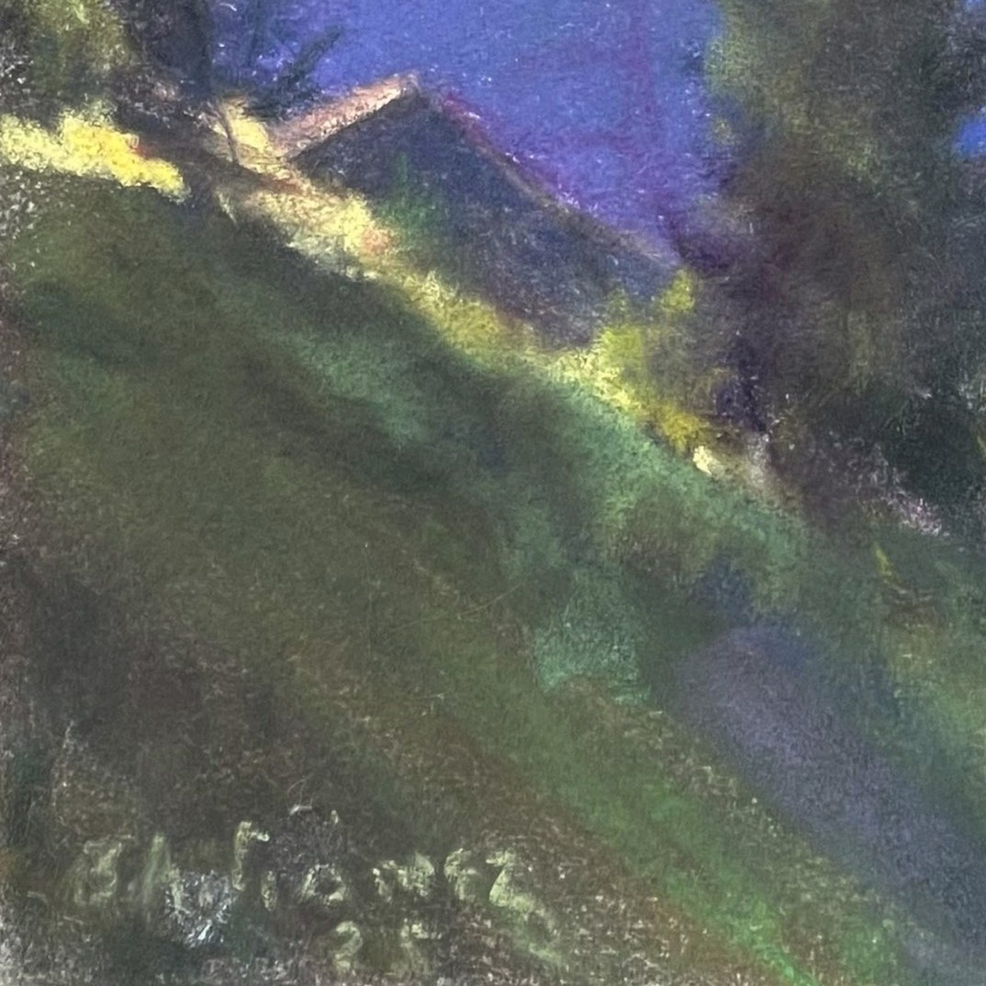 A painting of a mountain landscape with trees and mountains in the background.