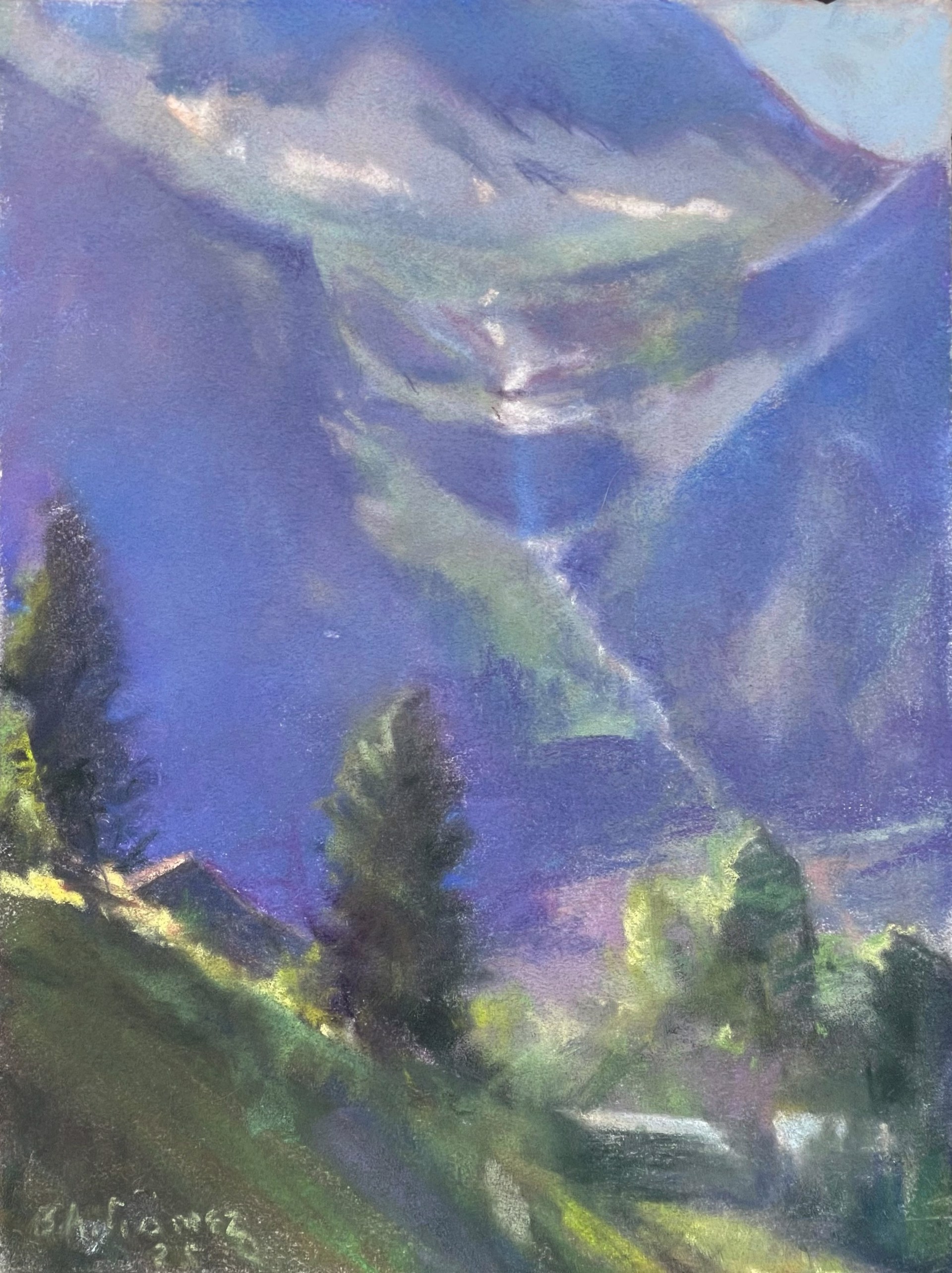A painting of a mountain landscape with trees and mountains in the background.