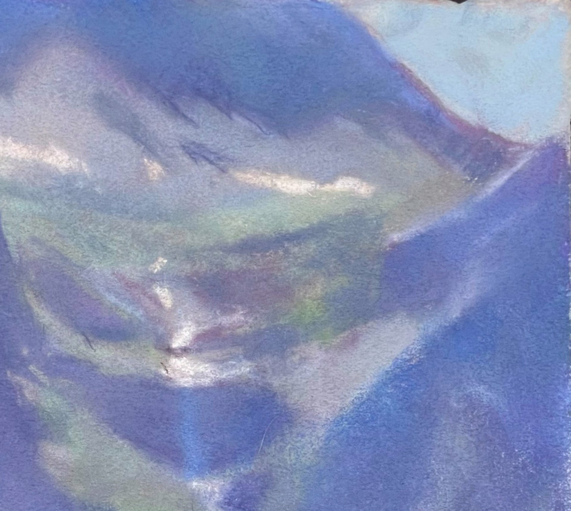 A painting of a mountain landscape with trees and mountains in the background.