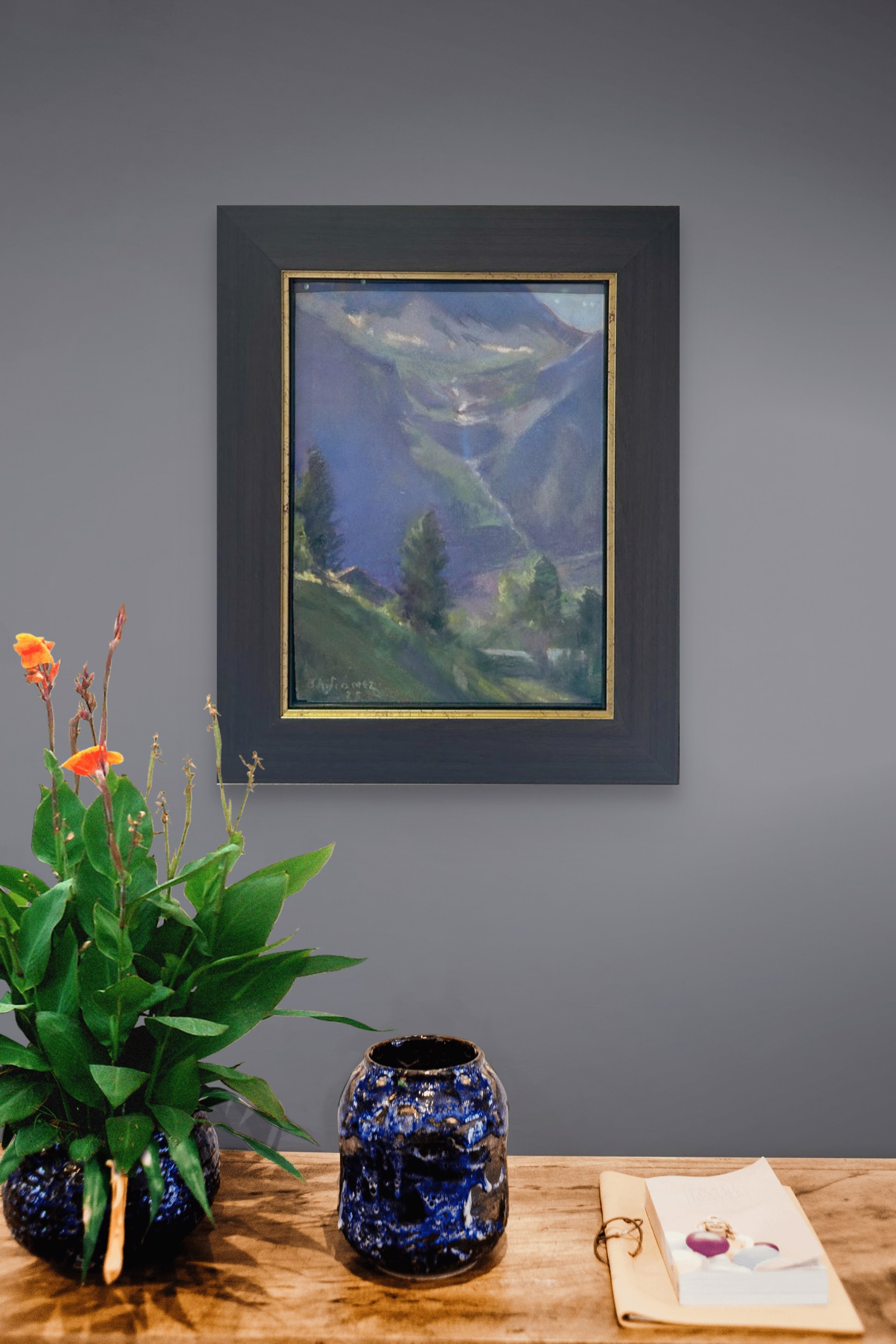 A painting of a mountain landscape with trees and mountains in the background.