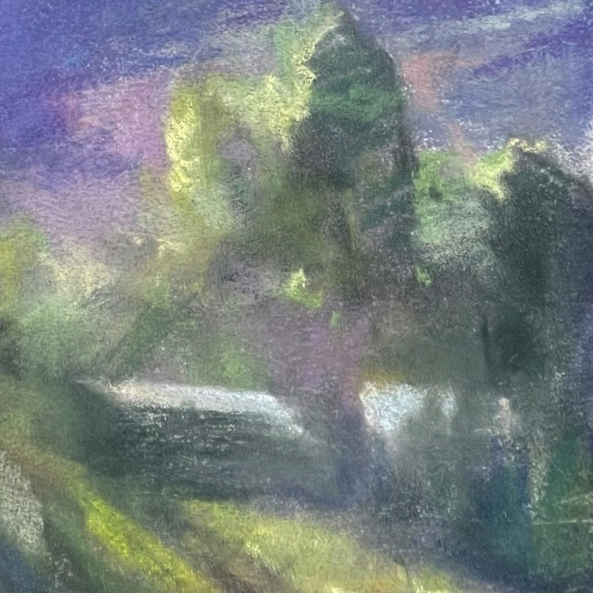 A painting of a mountain landscape with trees and mountains in the background.