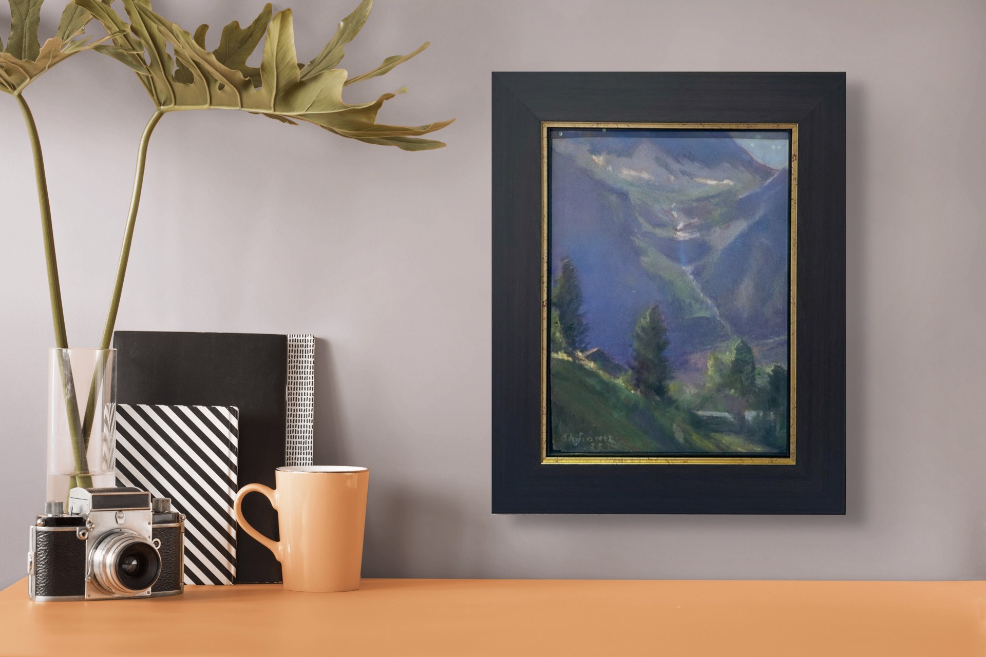 A painting of a mountain landscape with trees and mountains in the background.