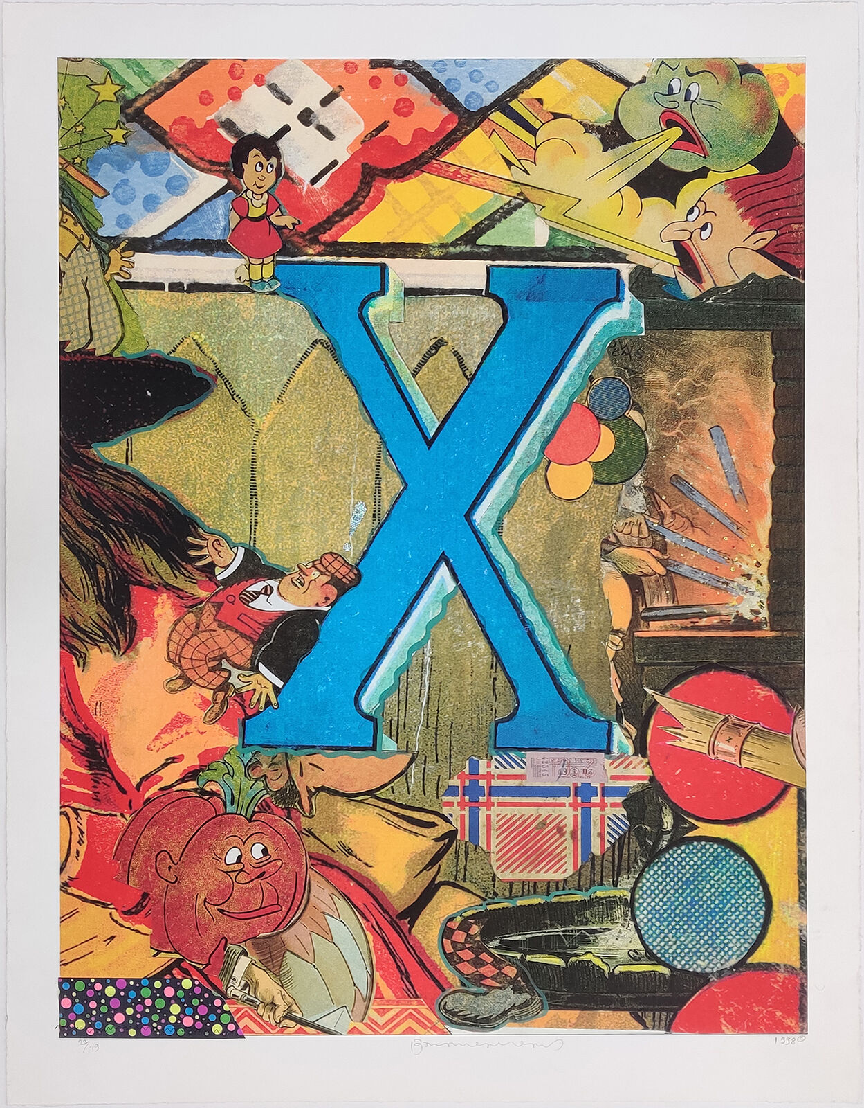 A picture of the letter X in a collage of cartoon characters.