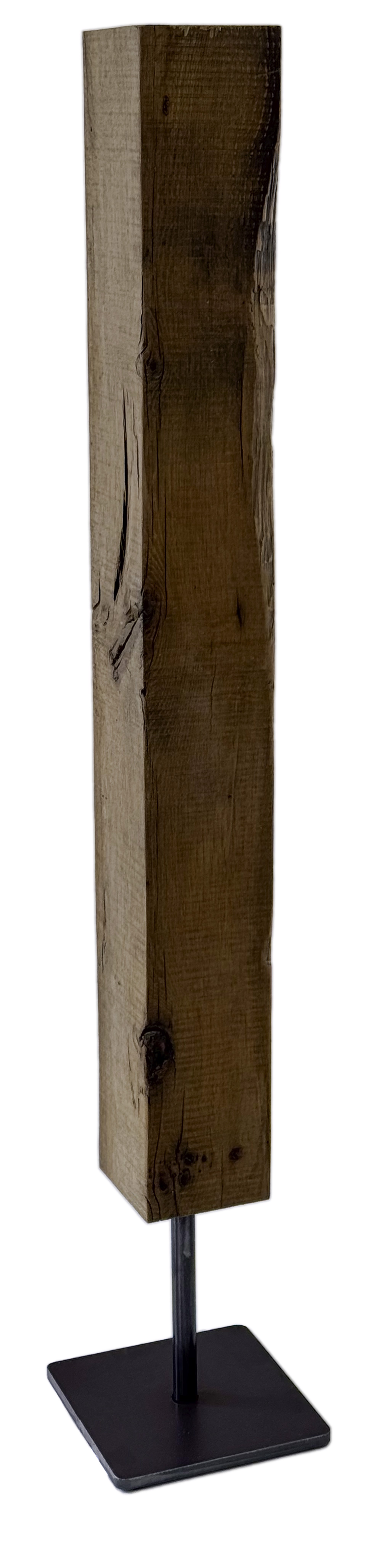 A piece of wood on a metal stand on a white background.