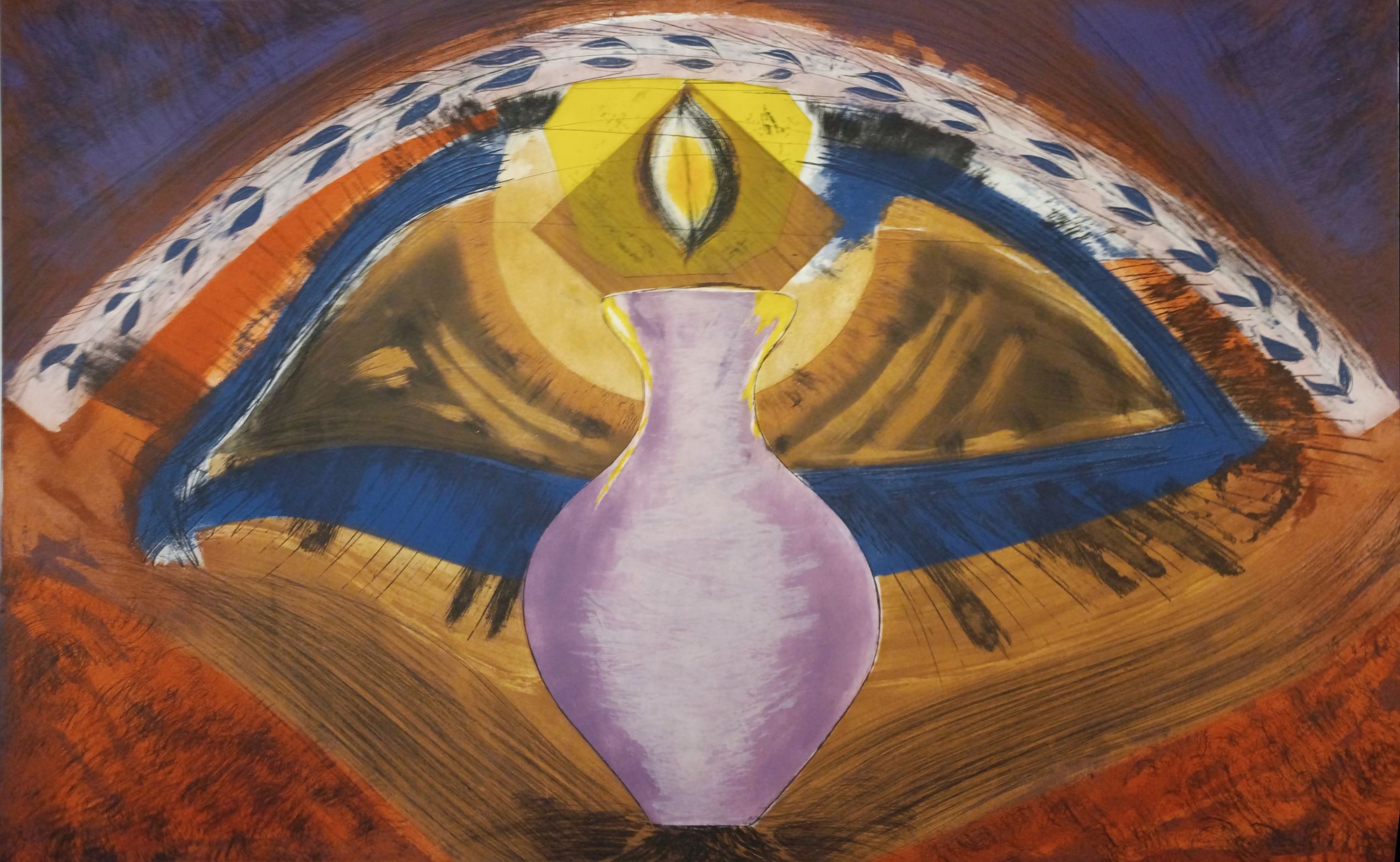 A painting of a vase sitting on top of a table.