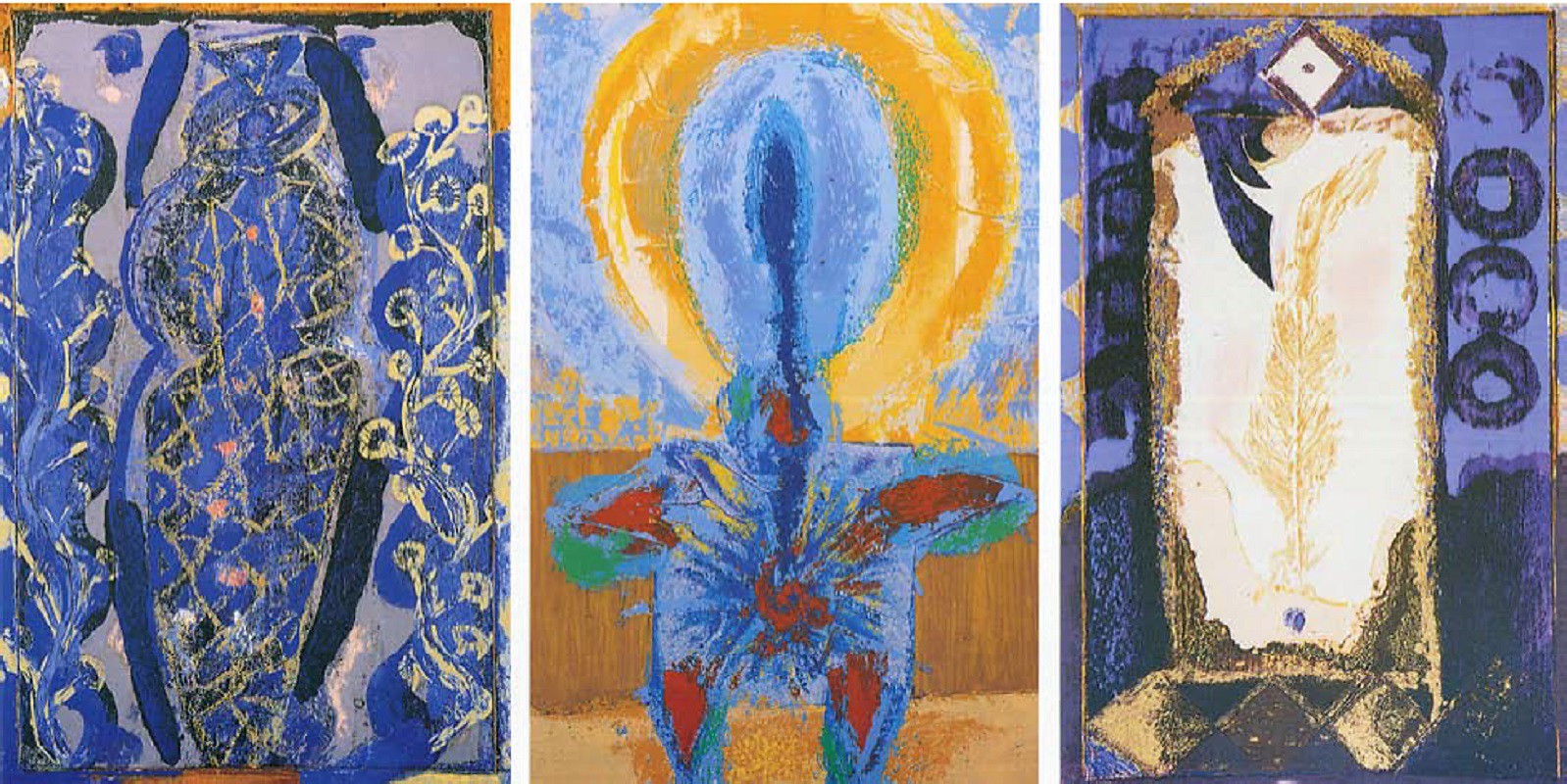 A group of three paintings of a woman in a blue dress.