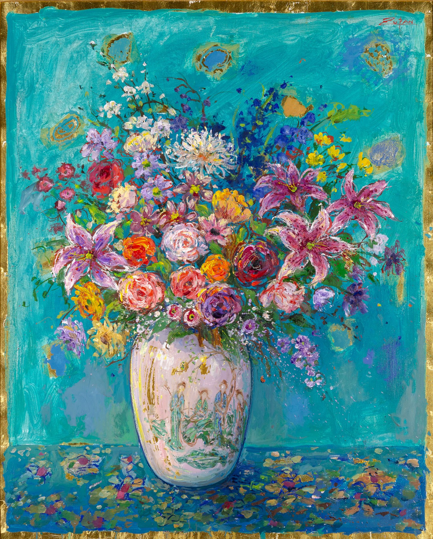 Bouquet In Chinese Ladies Vase On Turquoise Ground by Bruno Zupan, null