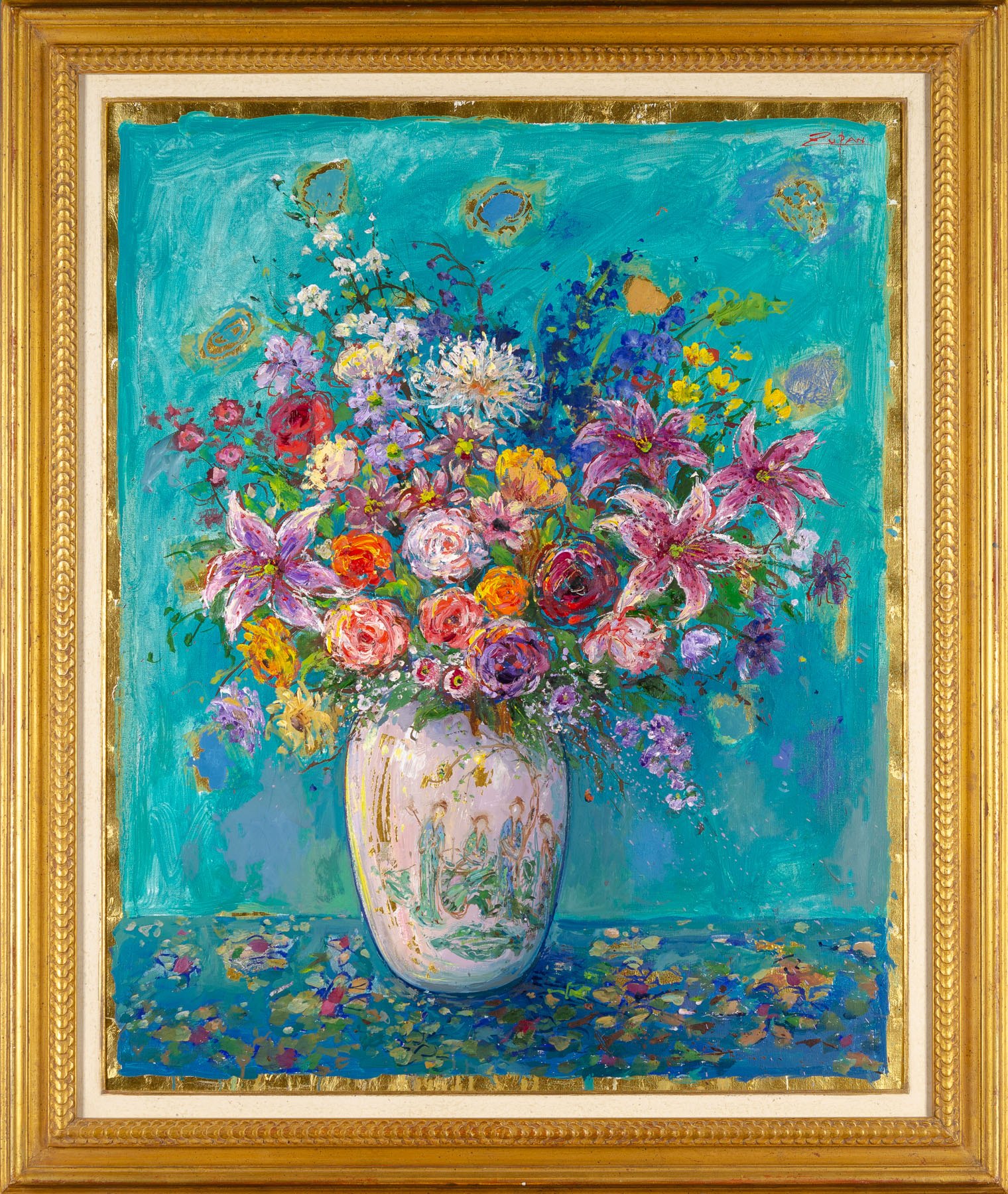 Artwork by Bruno Zupan, Bouquet In Chinese Ladies Vase On Turquoise Ground, Made of Oil On Canvas 