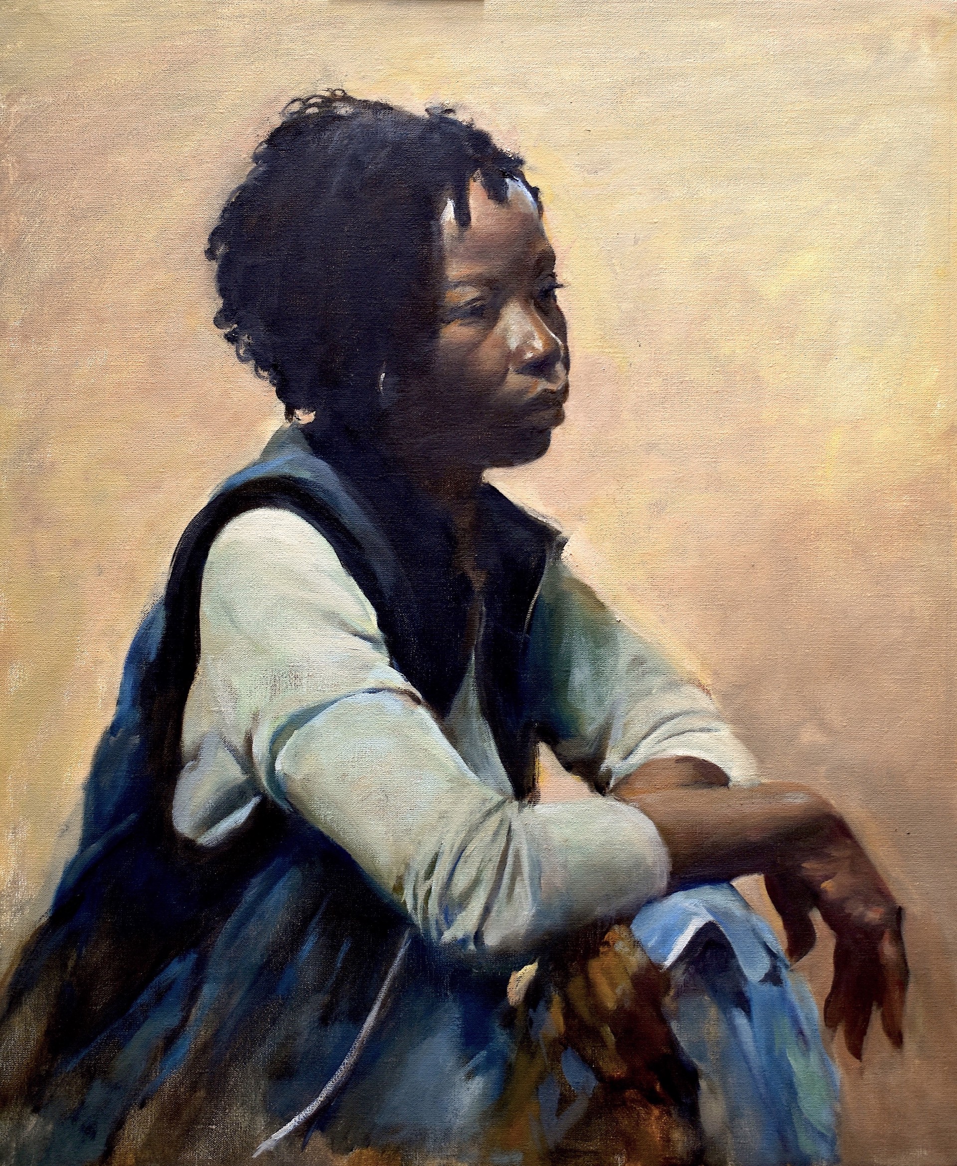 A painting of a woman sitting on a chair.