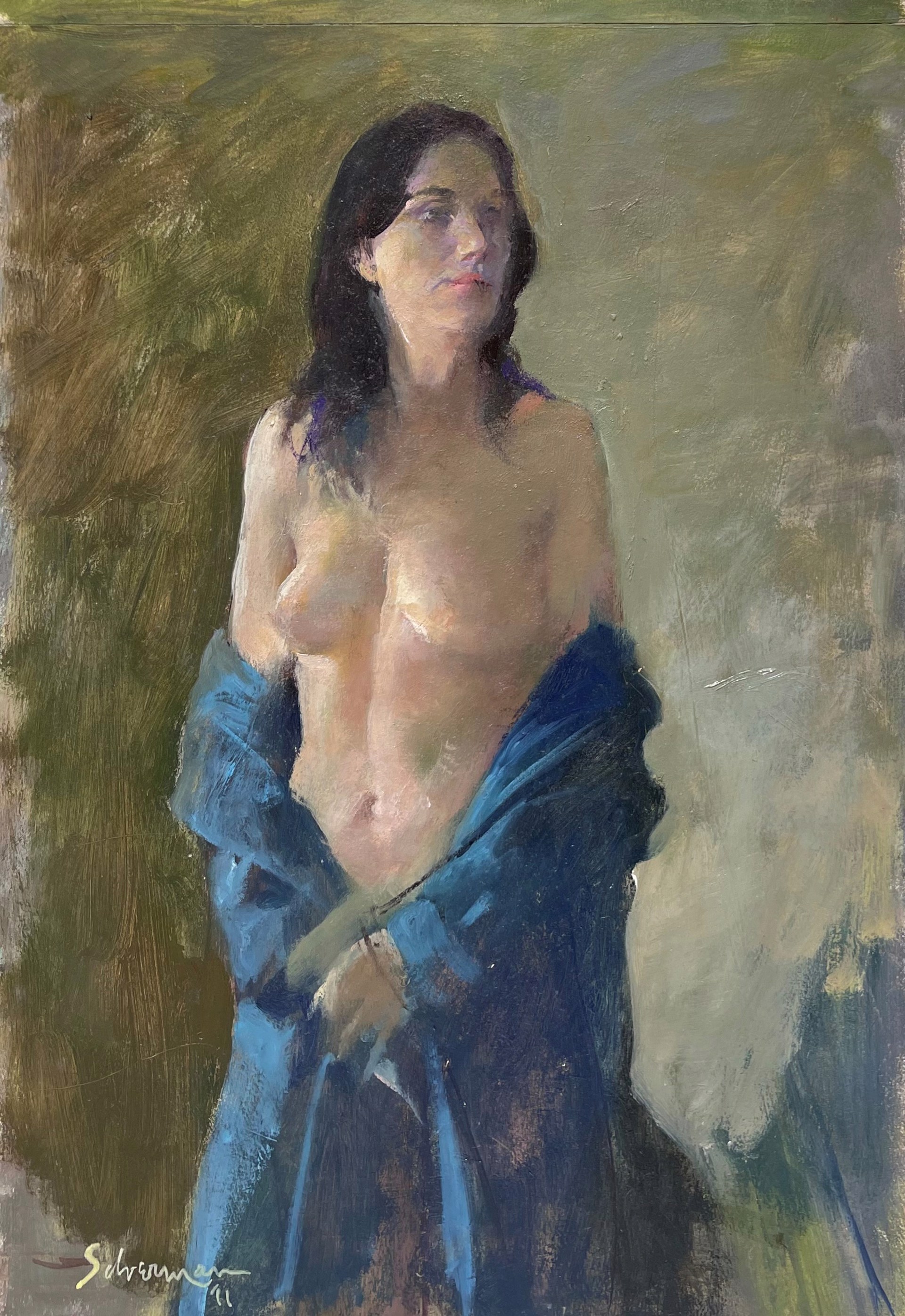 A nude figure in a blue shawl stands against an abstract background.