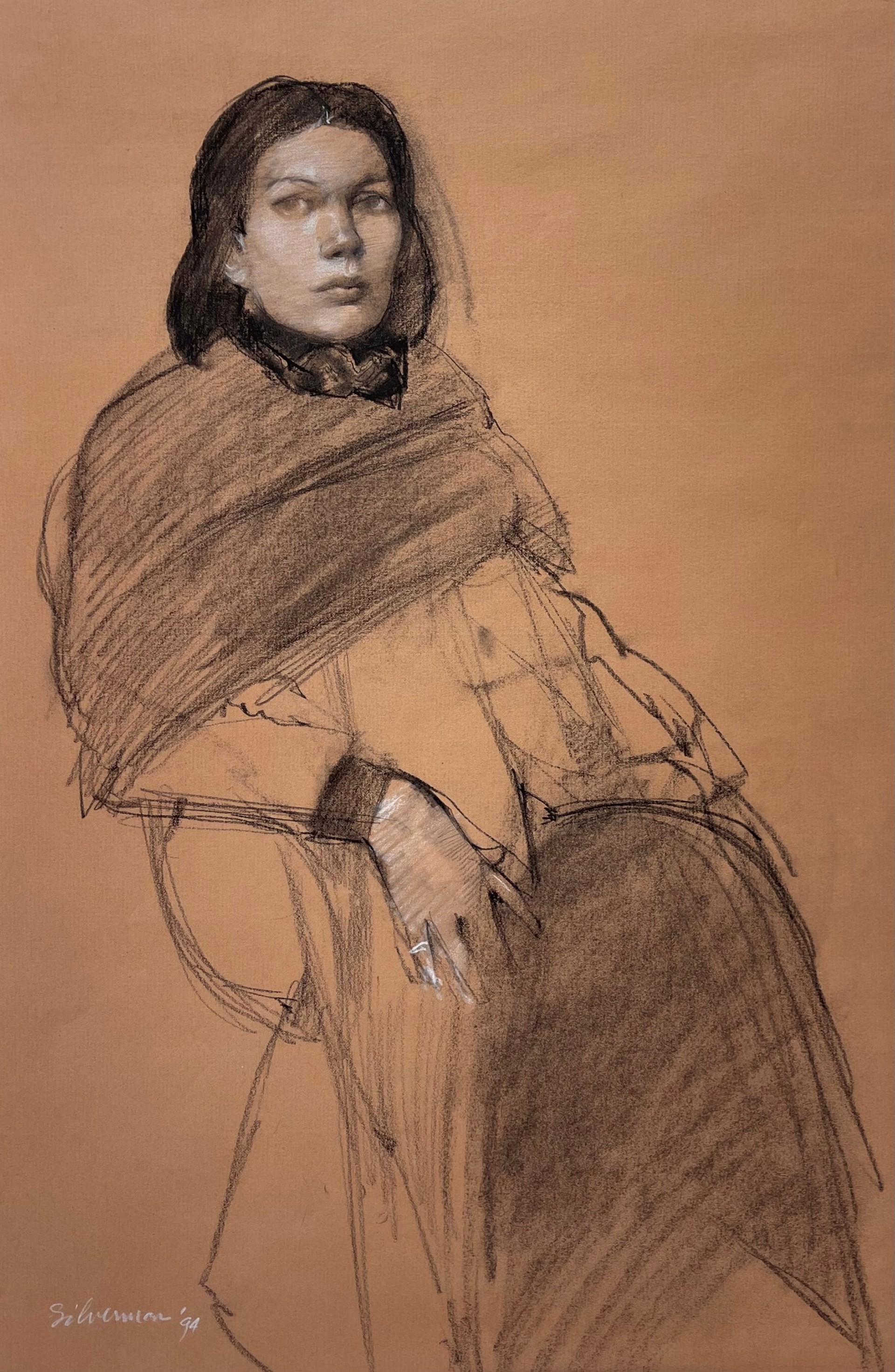 A drawing of a woman sitting in a chair.