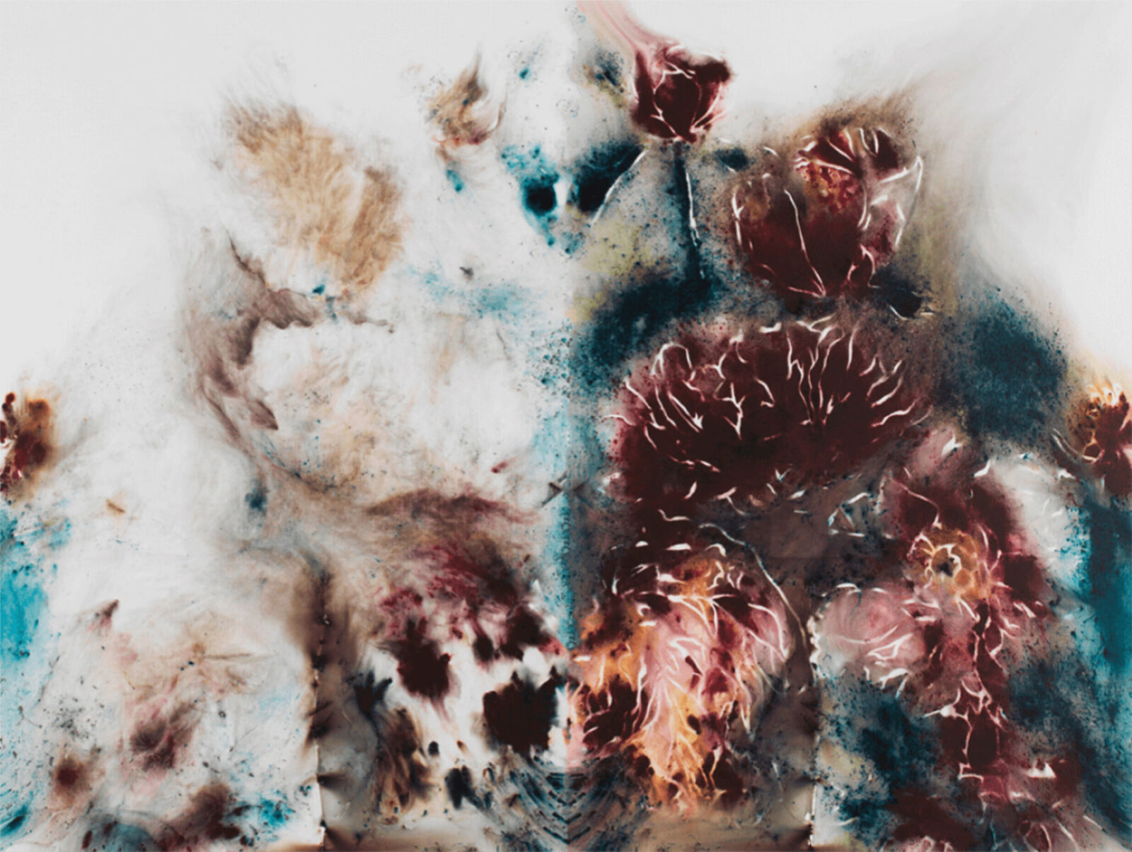 A painting of a bunch of flowers on a white surface.