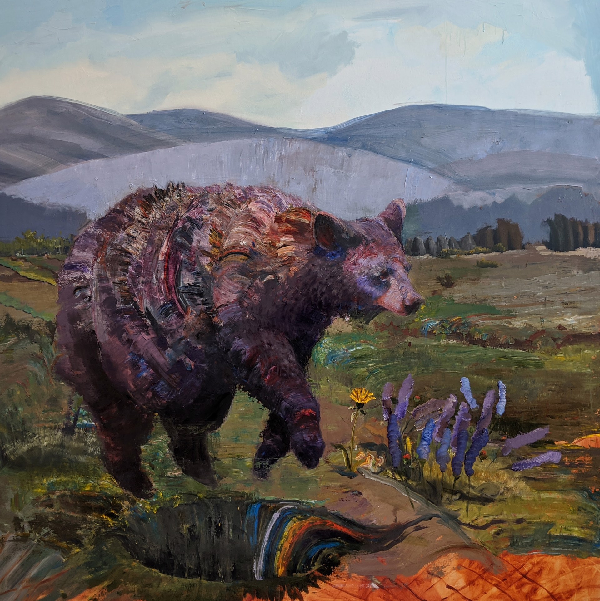 A painting of a bear walking across a field.