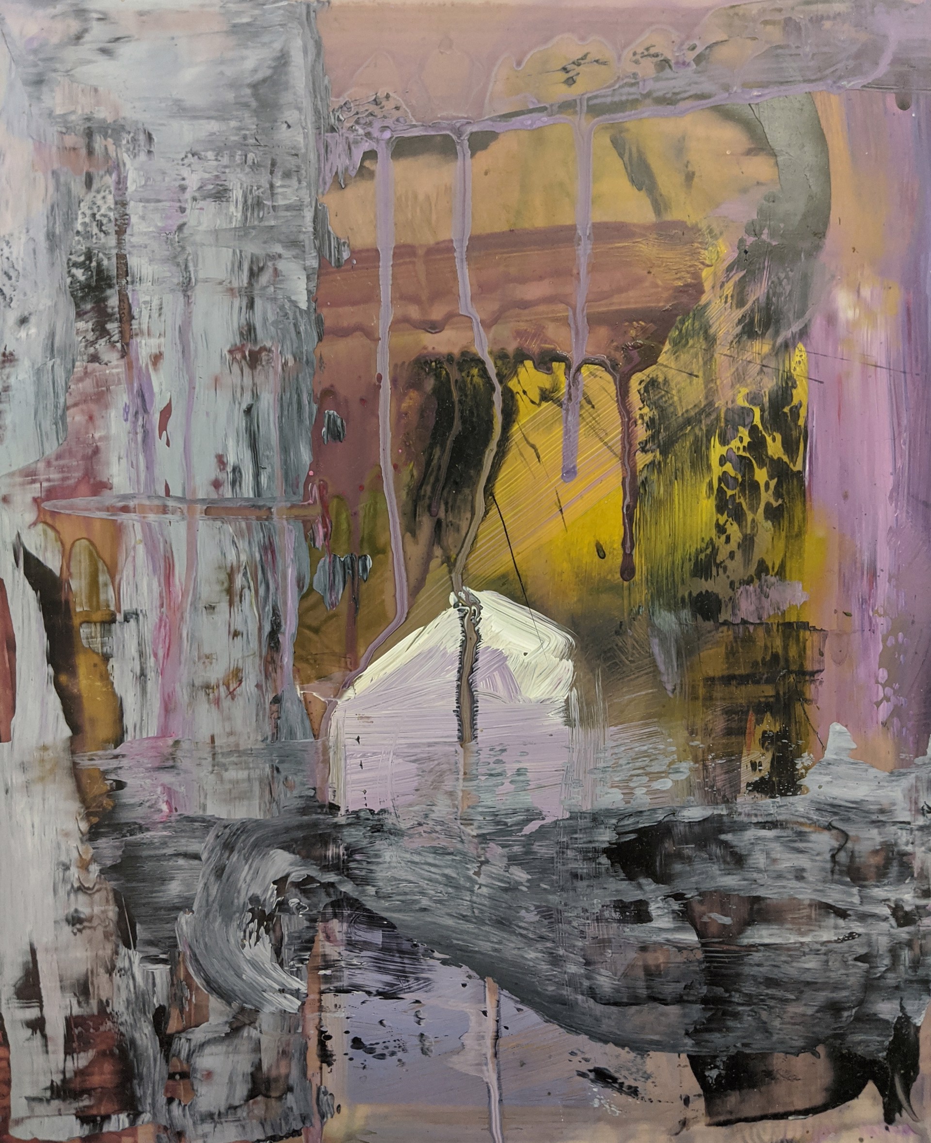 An abstract expressionist painting featuring a white geometric form amidst chaotic, dripping paint textures.