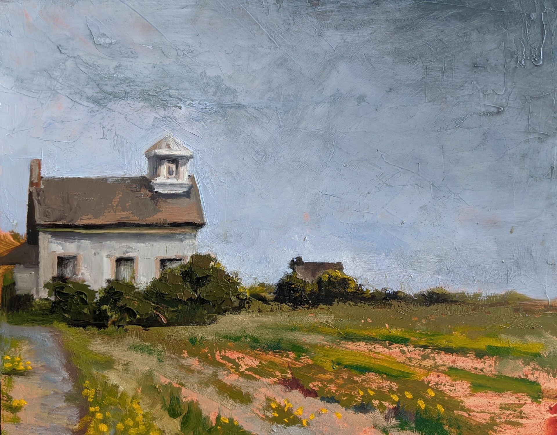 A painting of a white house in a field of flowers.