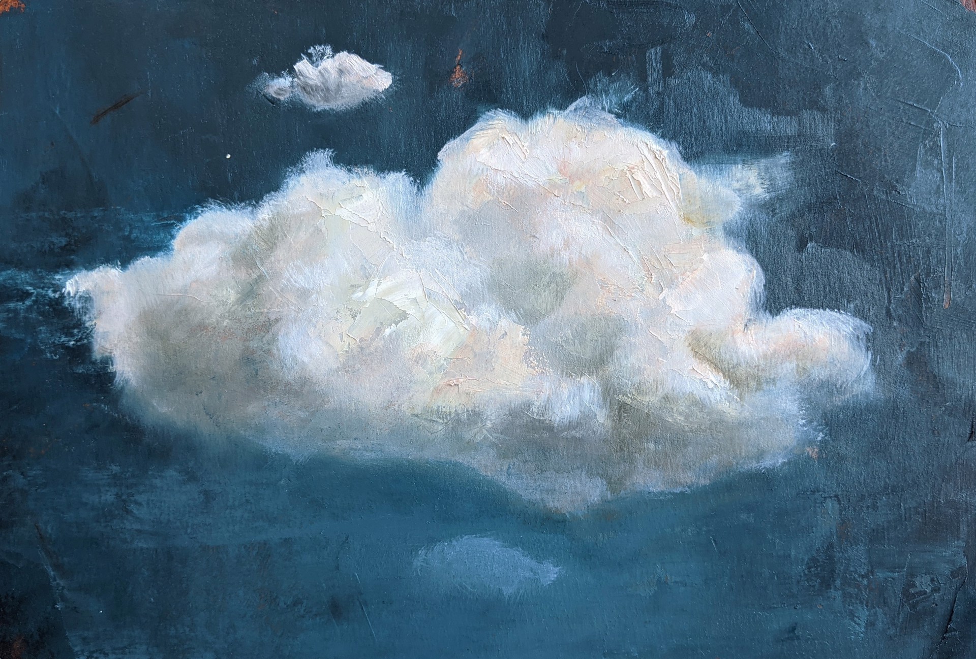 A painting of a white cloud in the sky.