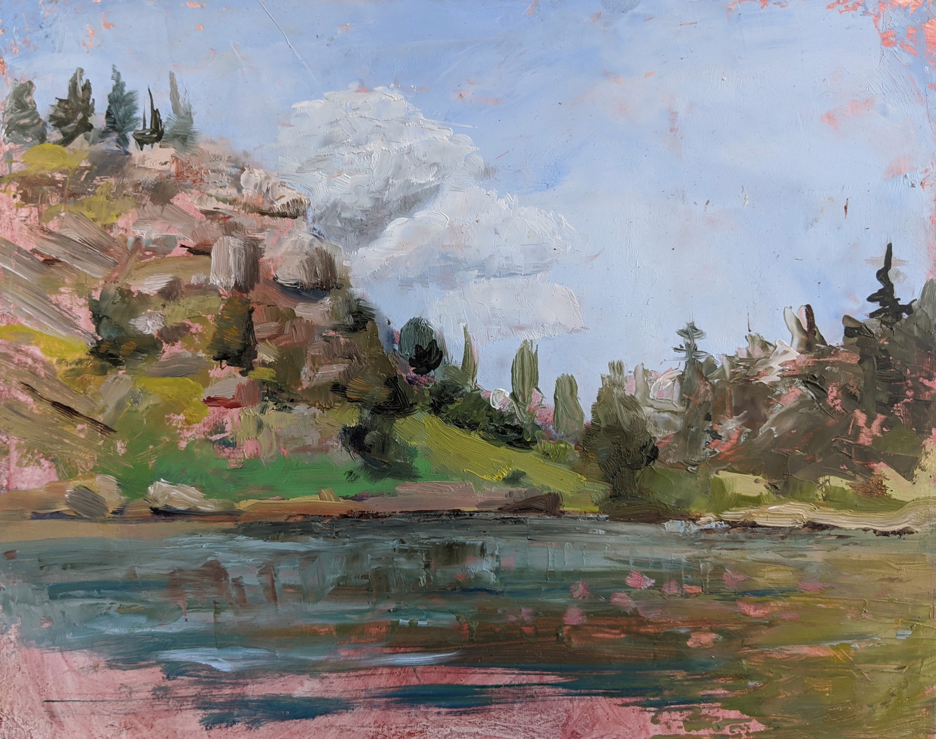 A vibrant landscape painting of a lake reflecting a rocky hillside under a cloudy sky.