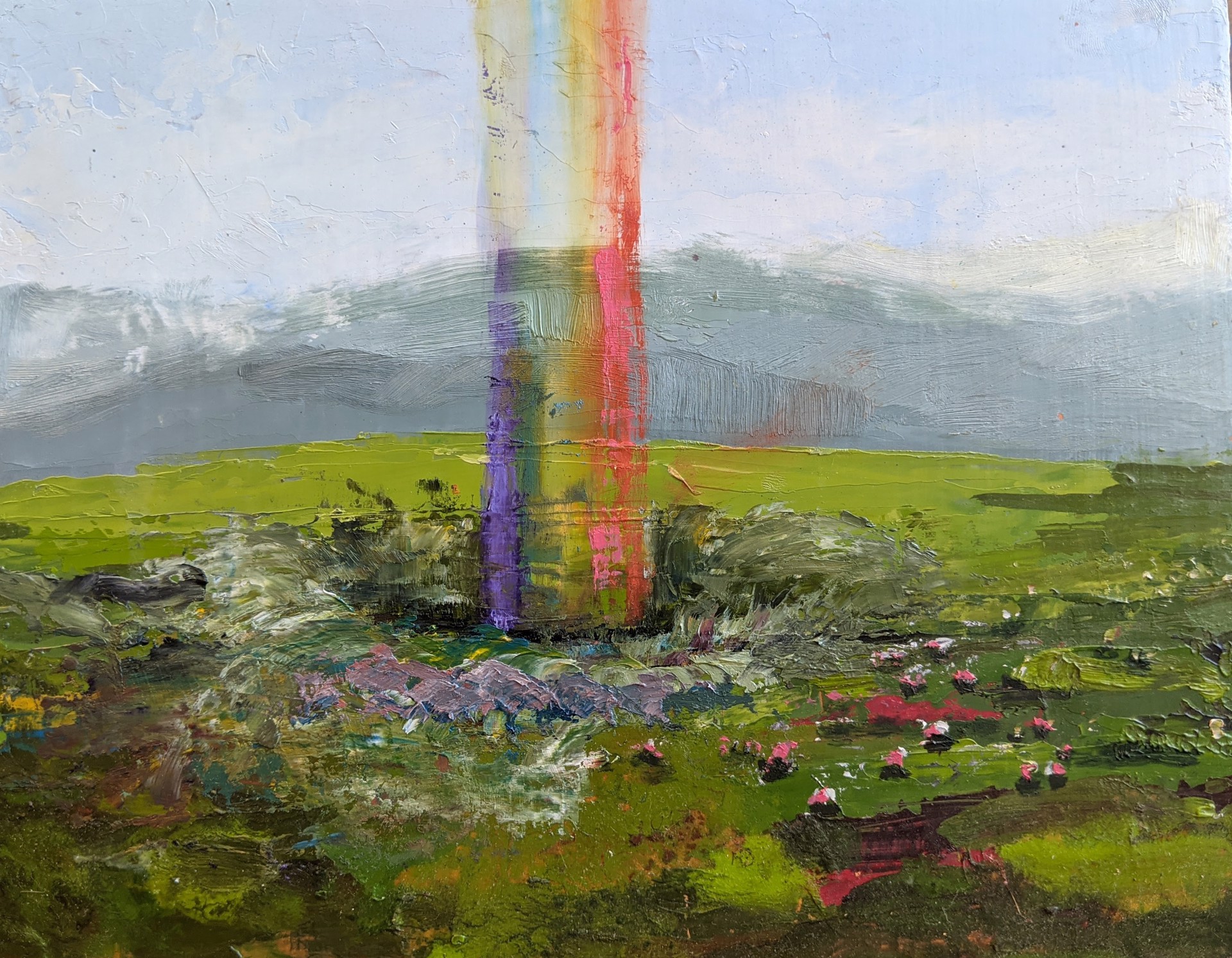 A painting of a rainbow in the middle of a field.
