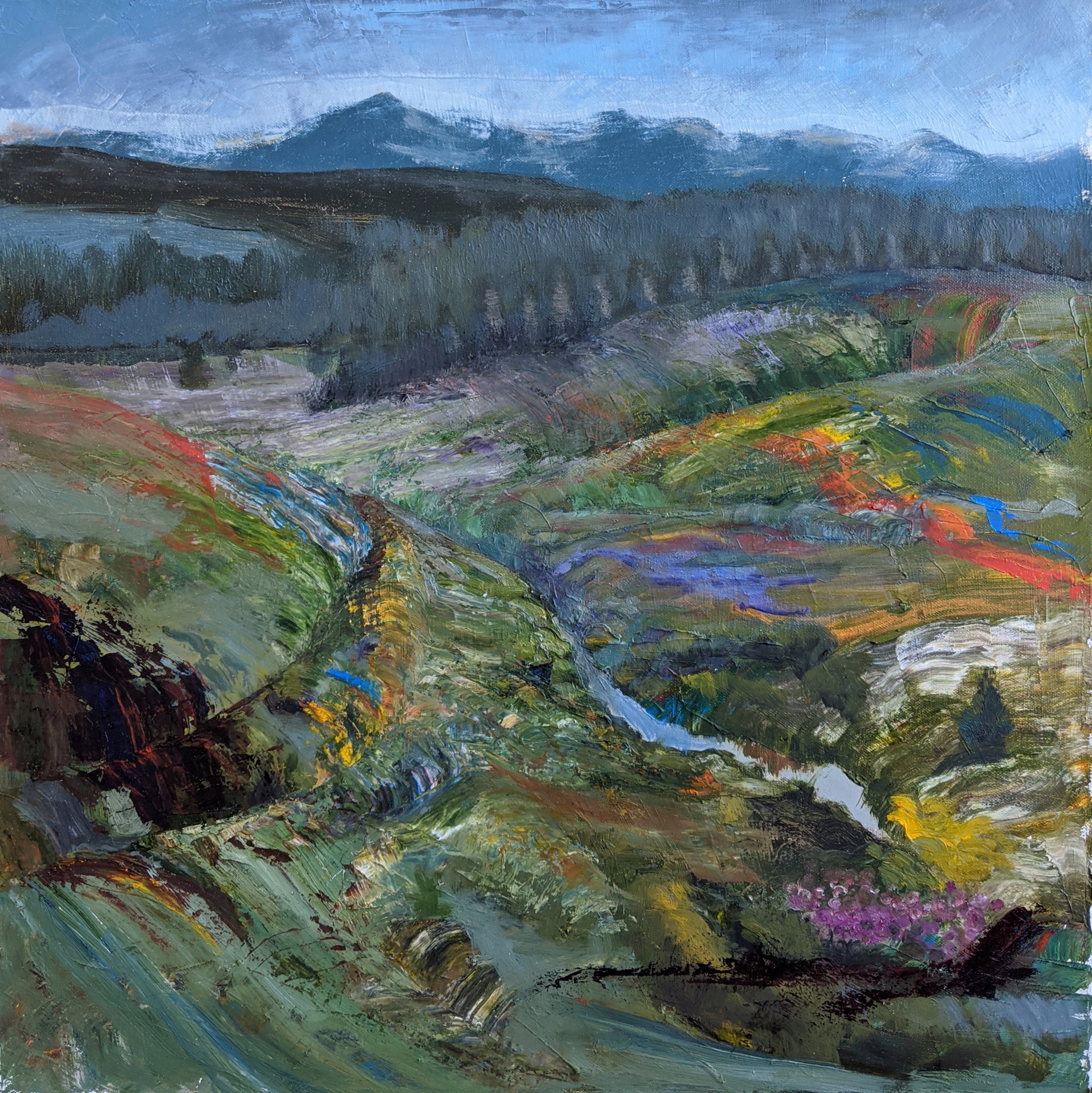 A painting of a landscape with mountains in the background.
