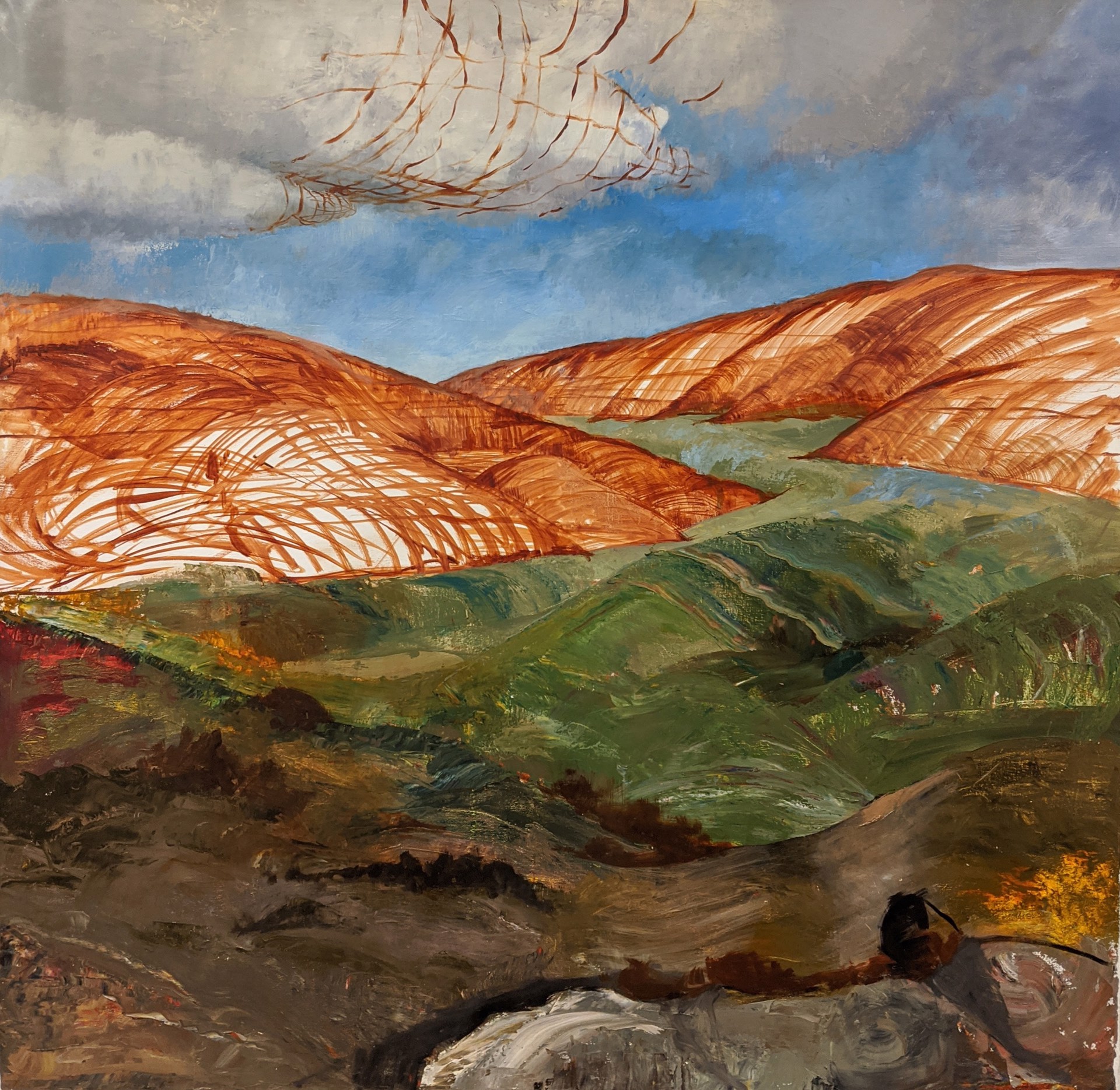 A painting of a landscape with hills in the background.