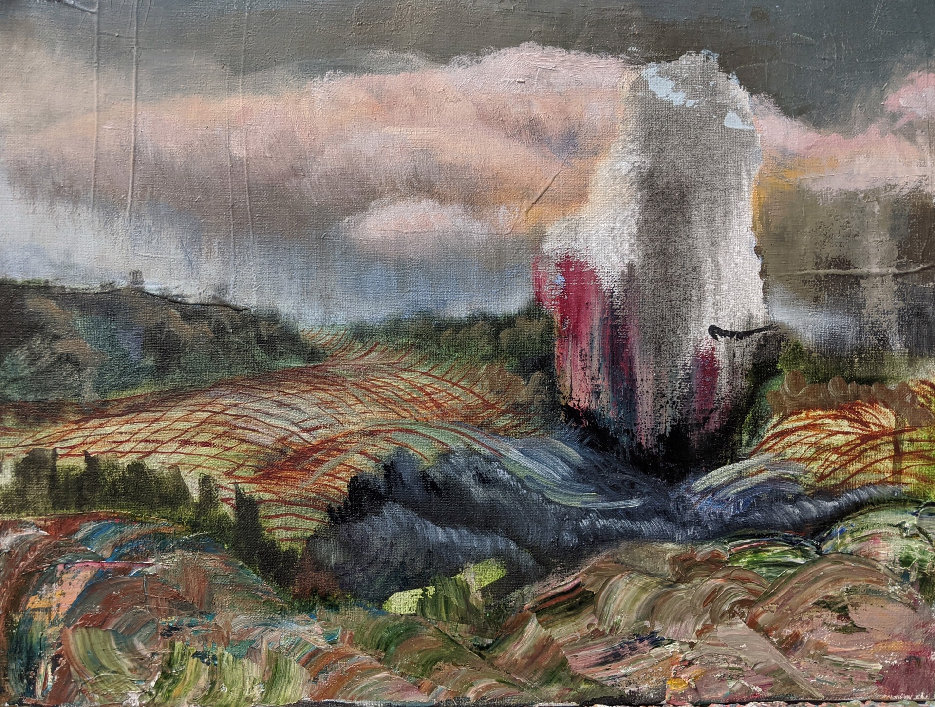 A dramatic landscape painting featuring a massive rock formation emerging from a textured, colorful terrain.