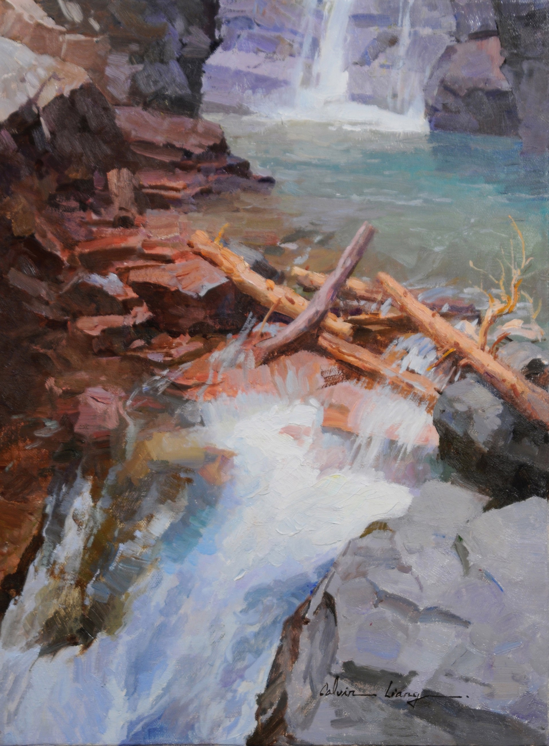A painting of a waterfall in the middle of a rocky area.