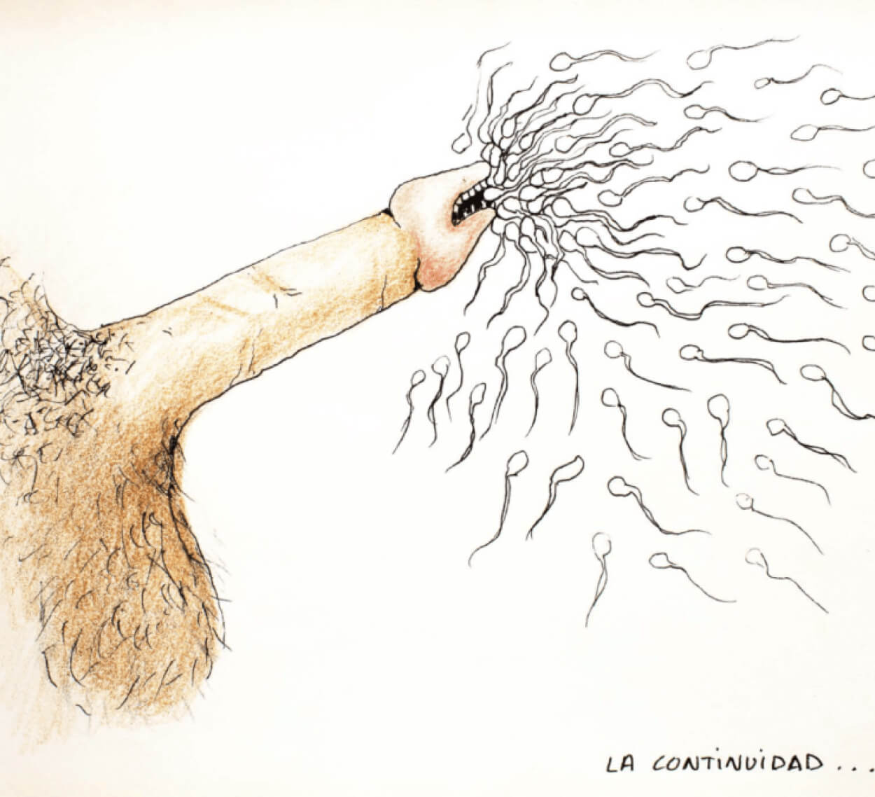 A drawing of a hand reaching out to touch a bunch of sperm cells.