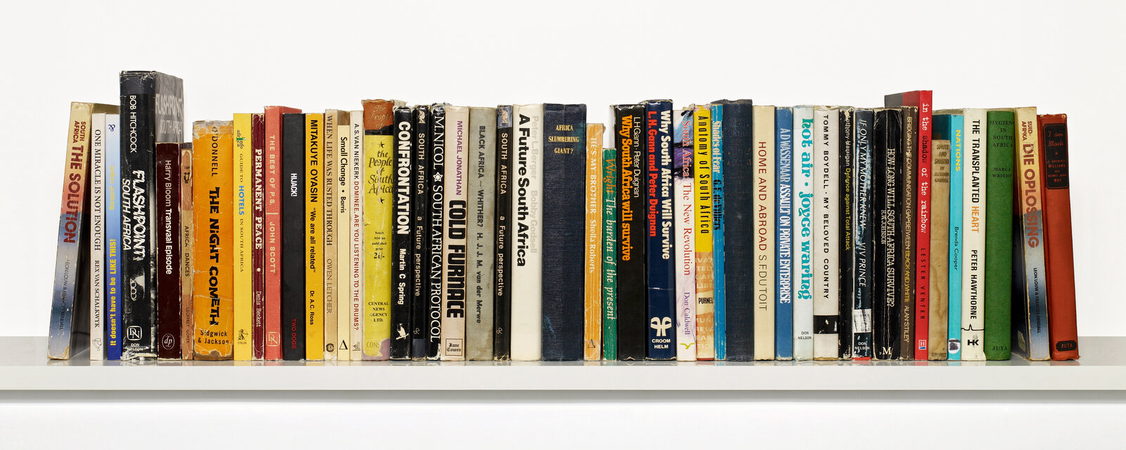 Artwork by Candice Breitz, Ex Libris South Africa, Made of 47 second hand books on wooden shelf 