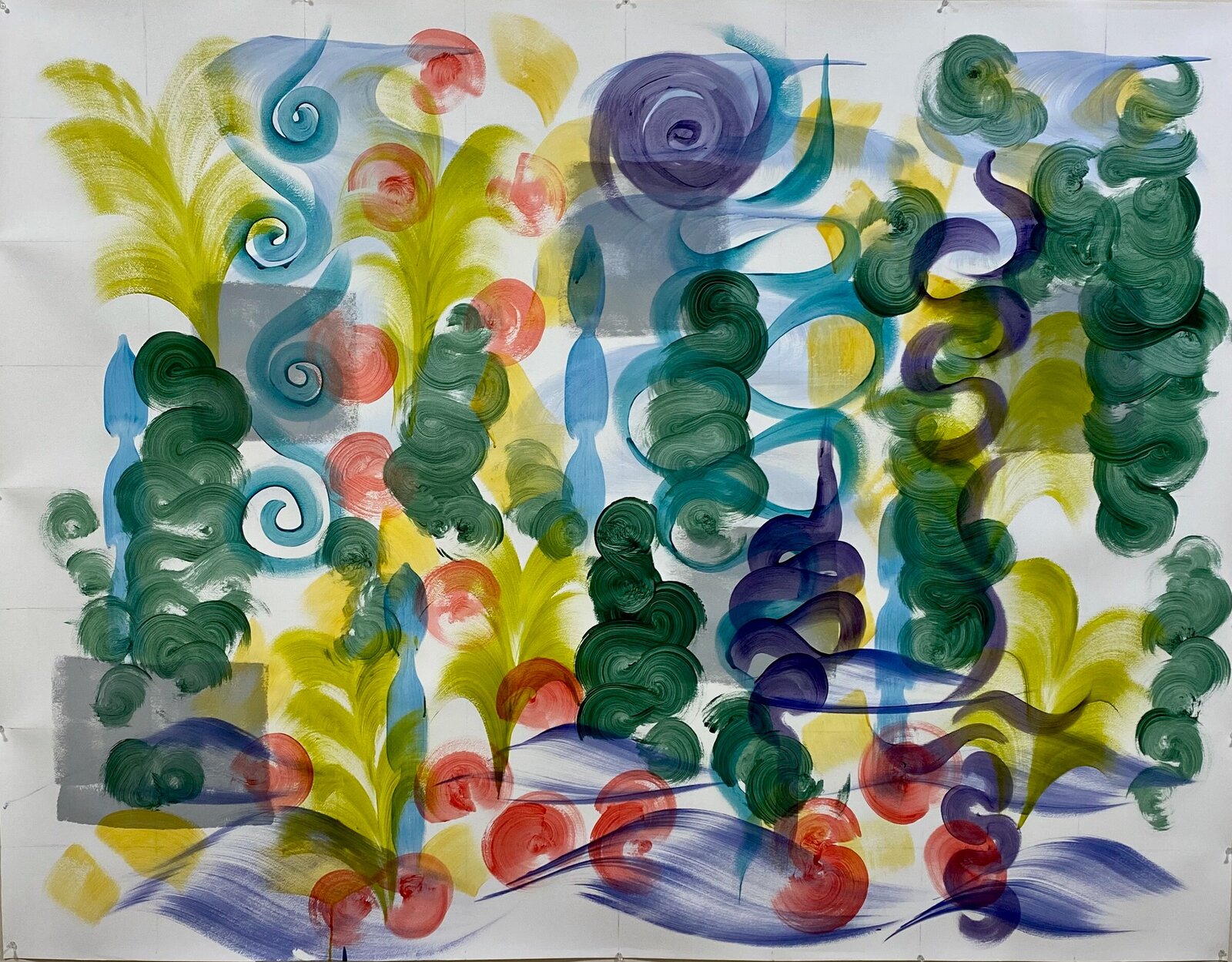 A vibrant abstract composition featuring swirling organic shapes in bold colors.