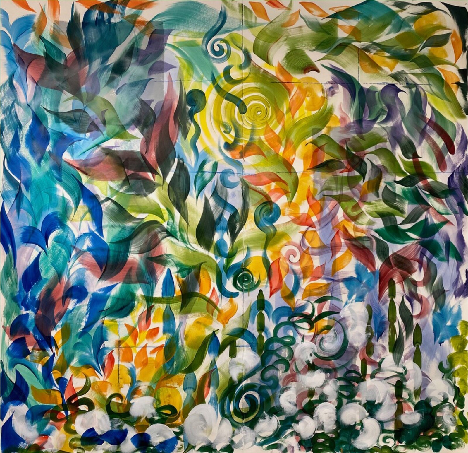 A vibrant abstract composition of swirling organic forms and floral shapes in a kaleidoscope of colors.