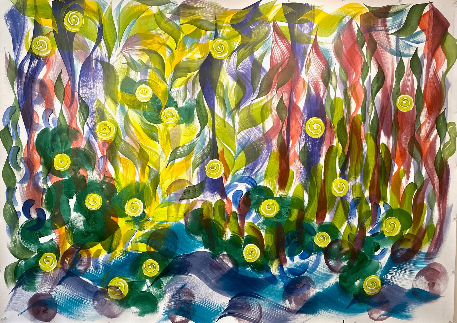 A vibrant abstract composition of swirling organic forms and yellow spirals.