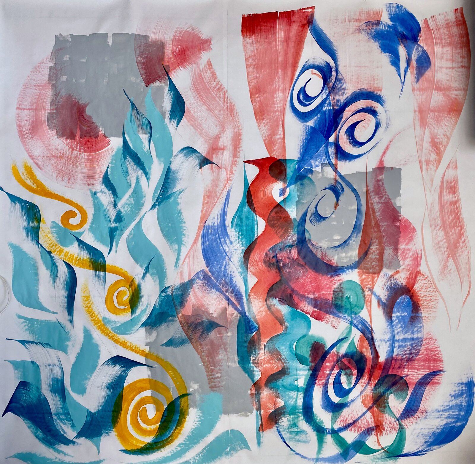 A vibrant abstract composition featuring swirling organic forms and bold color contrasts.