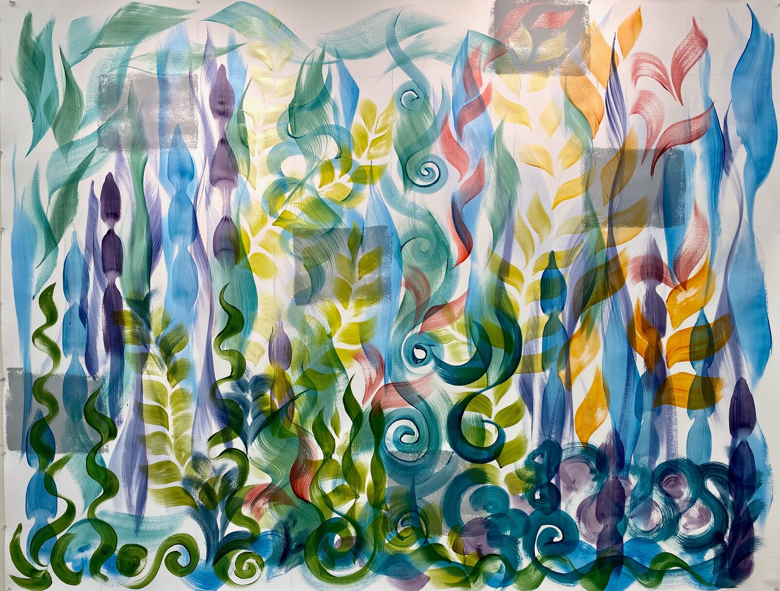 A vibrant abstract composition of vertical organic forms in a forest-like arrangement.