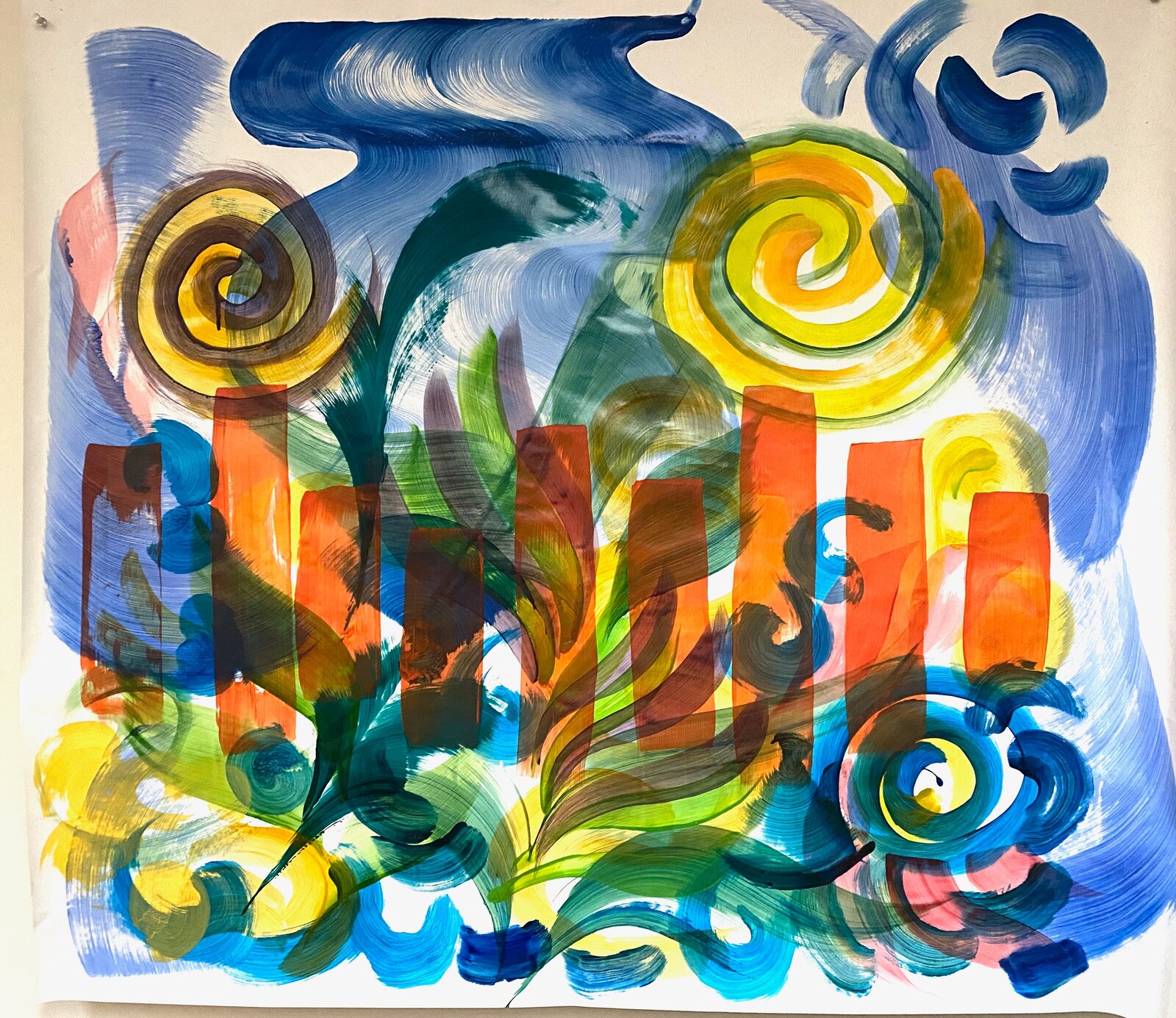 A vibrant abstract composition featuring swirling yellows, deep blues, and vertical orange bars.