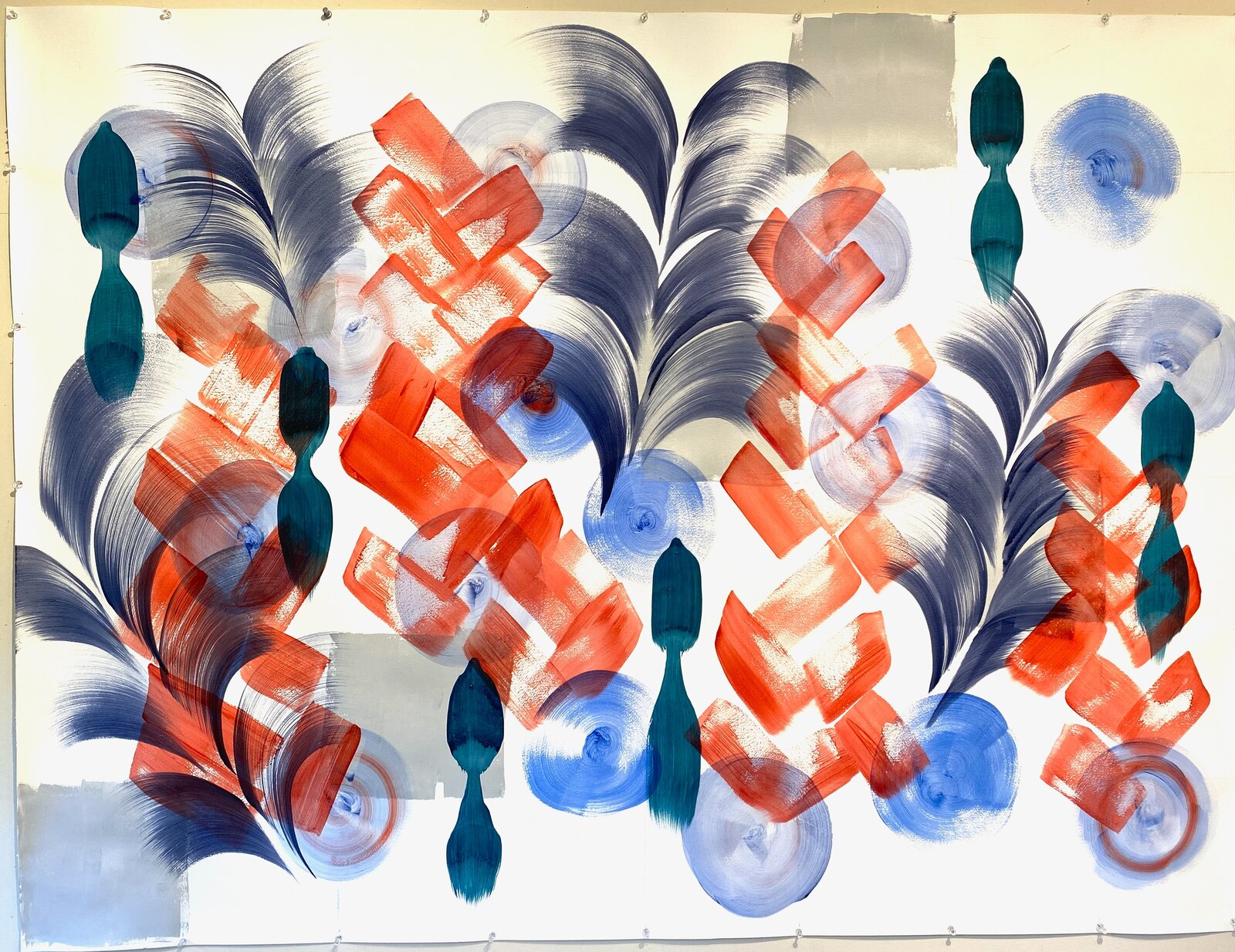 An abstract composition of layered brushstrokes in red, blue, and grey on a white background.