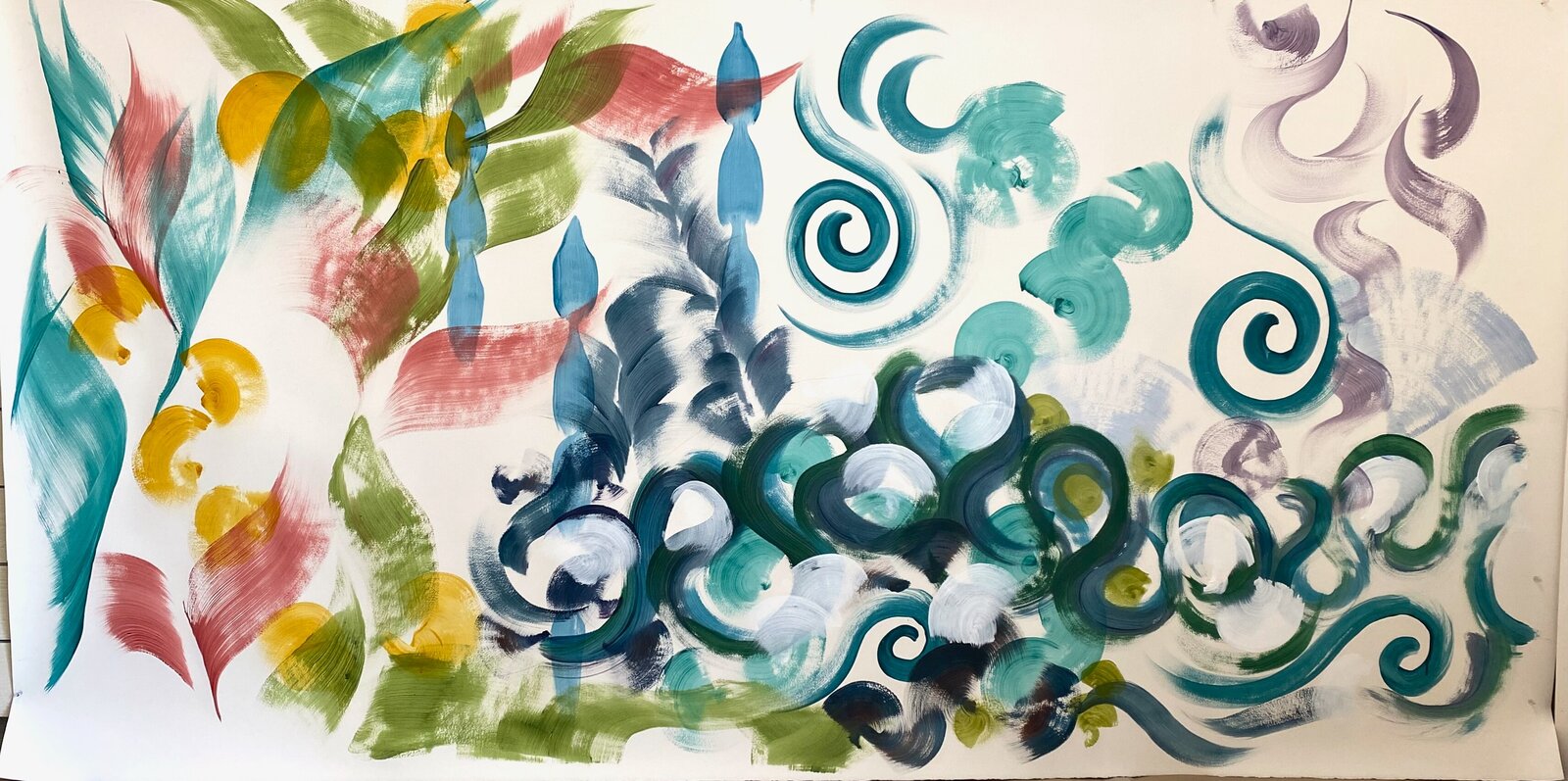 A dynamic abstract composition featuring bold, swirling brushstrokes in a vibrant palette of teal, red, yellow, and purple.