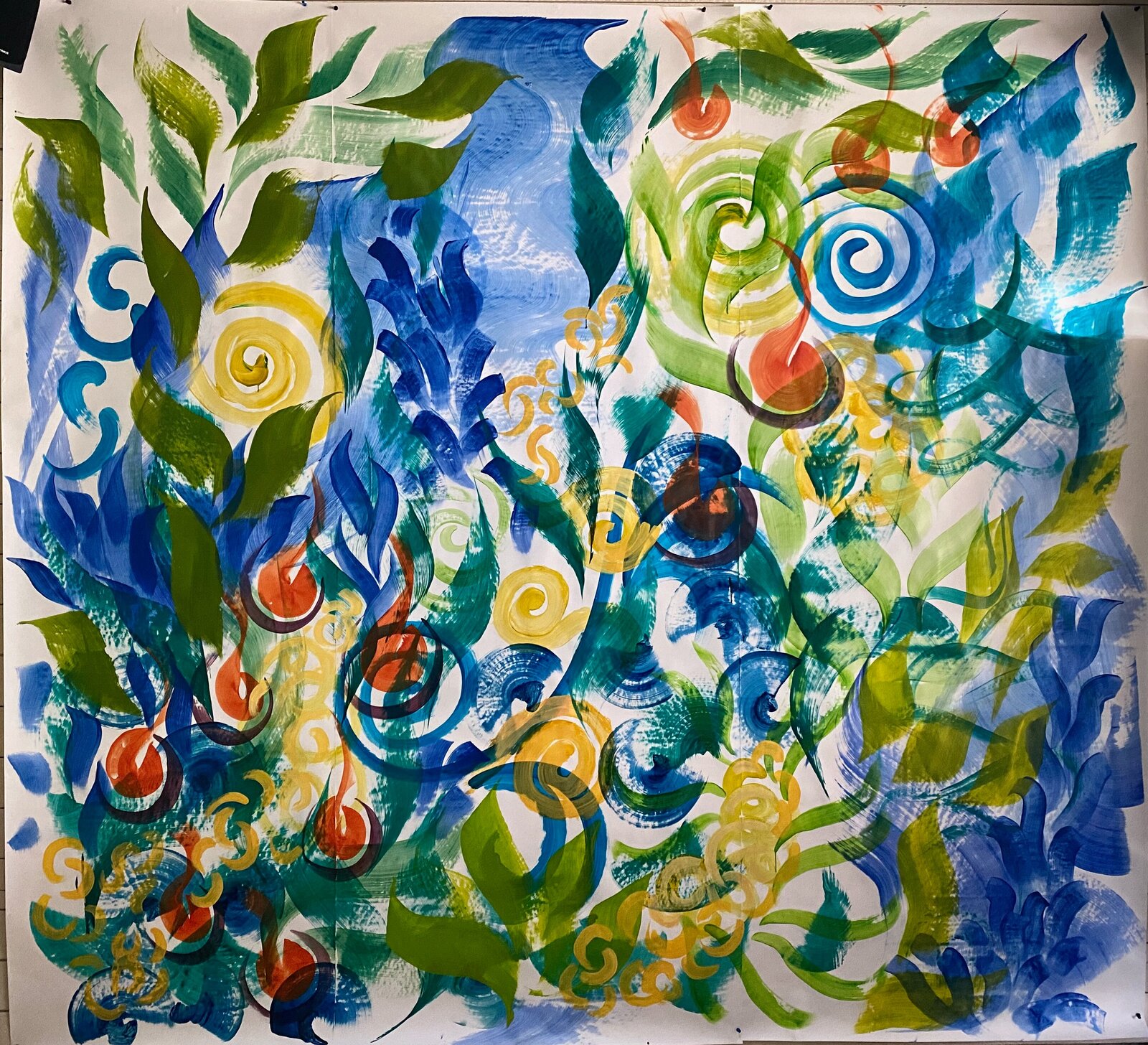 A vibrant abstract composition featuring swirling organic shapes and bold colors.