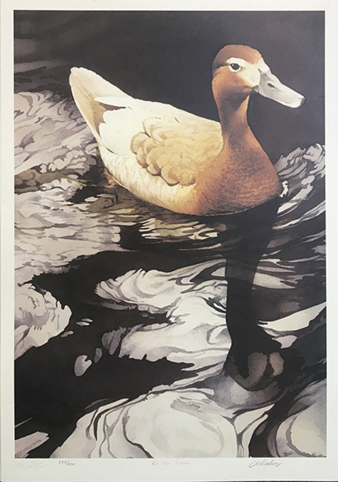 A painting of a duck swimming in the water.