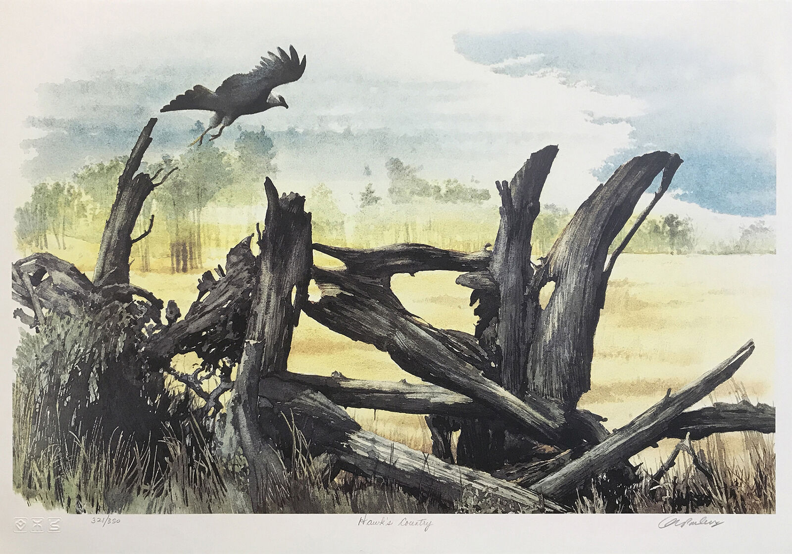 A painting of a bird flying over a wooden fence.