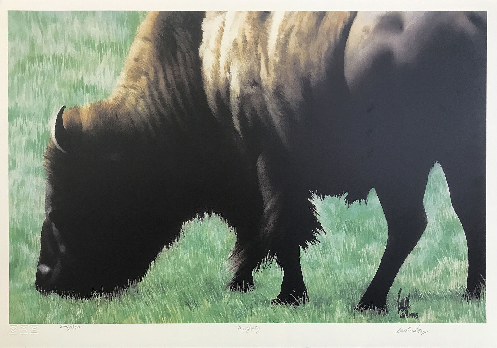 A painting of a bison grazing in a grassy field.