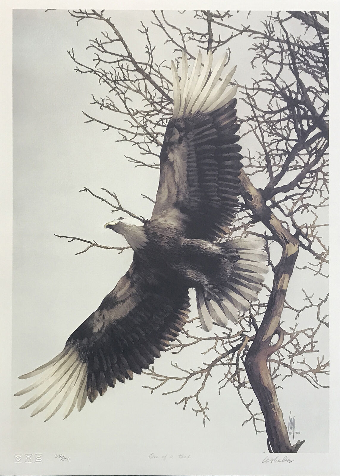 A painting of an eagle flying through the air with its wings spread.
