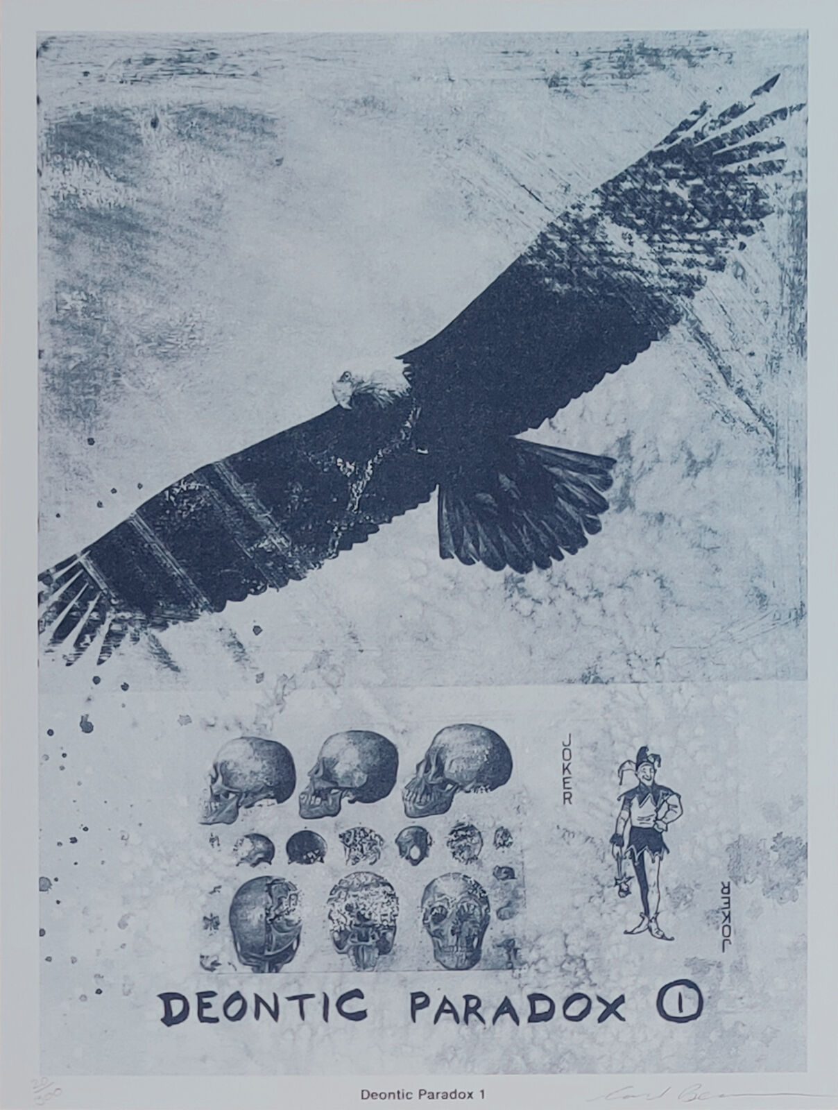 A blue and white poster with an eagle flying over skulls.
