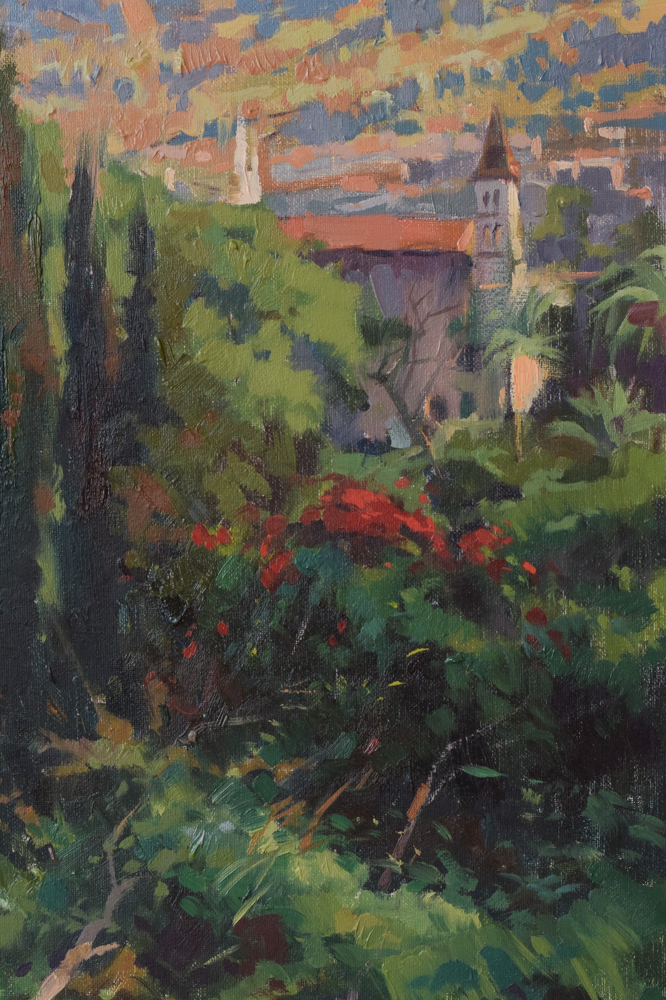 A painting of a landscape with trees and mountains in the background.