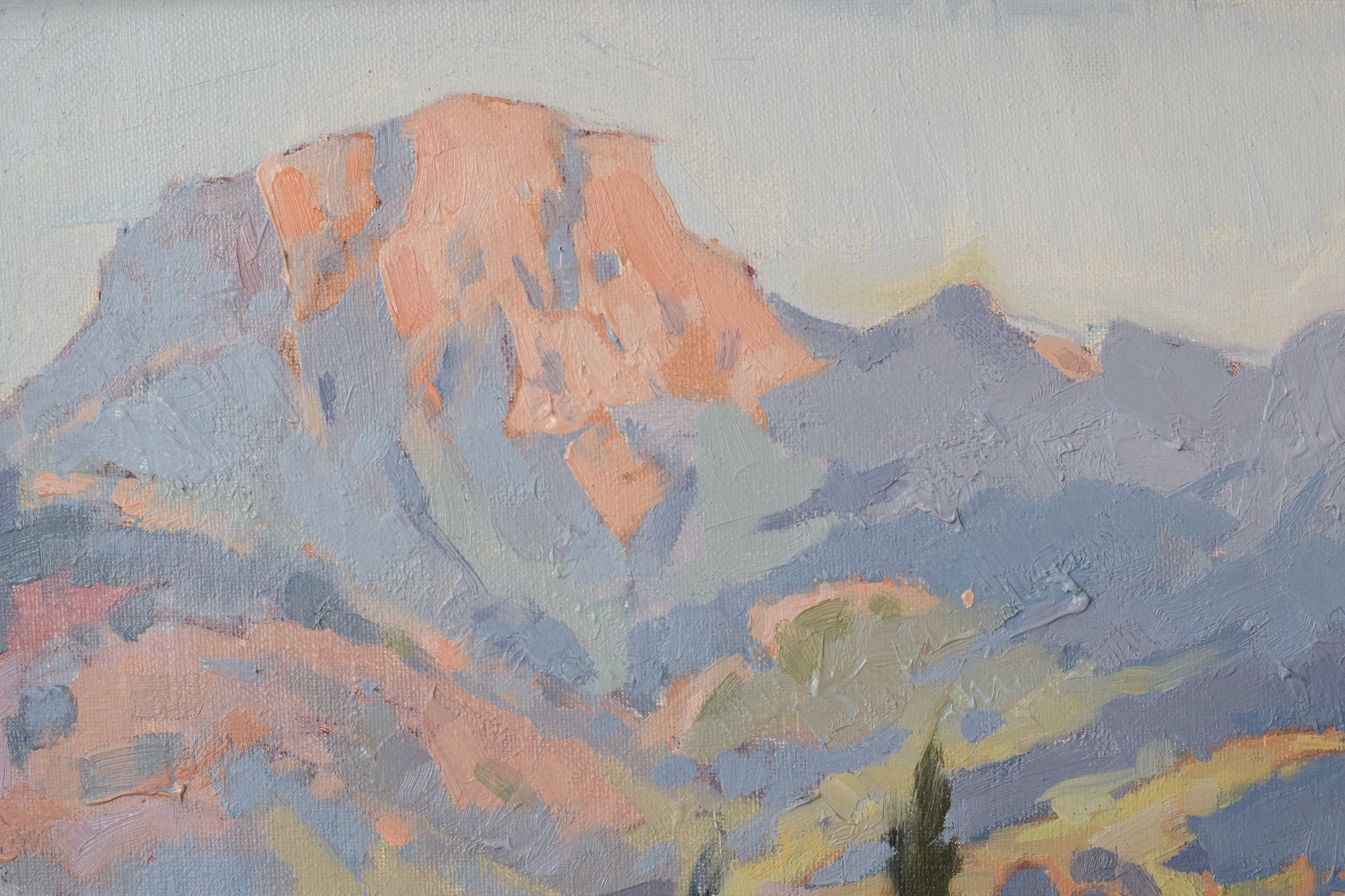 A painting of a landscape with trees and mountains in the background.