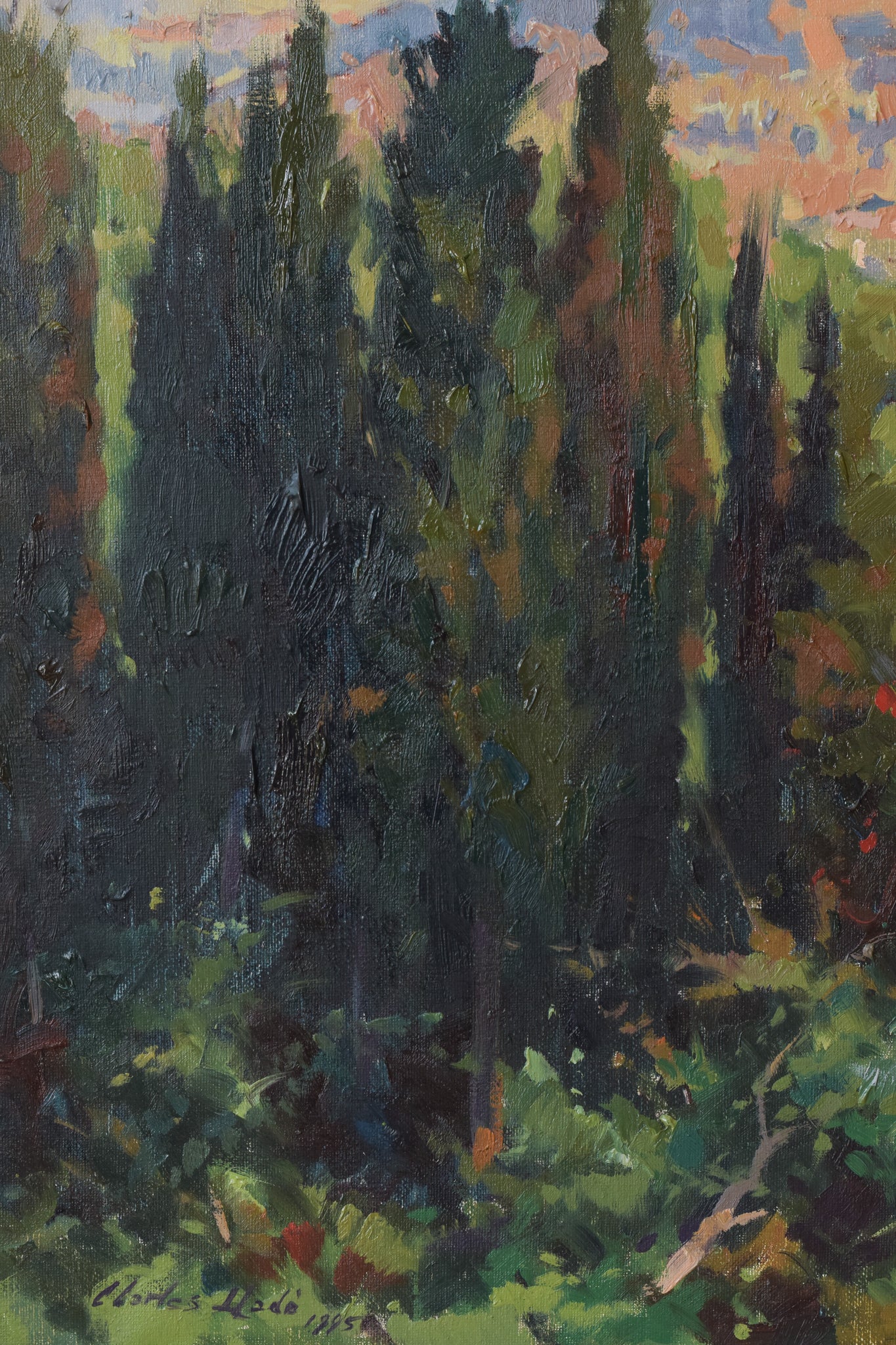 A painting of a landscape with trees and mountains in the background.