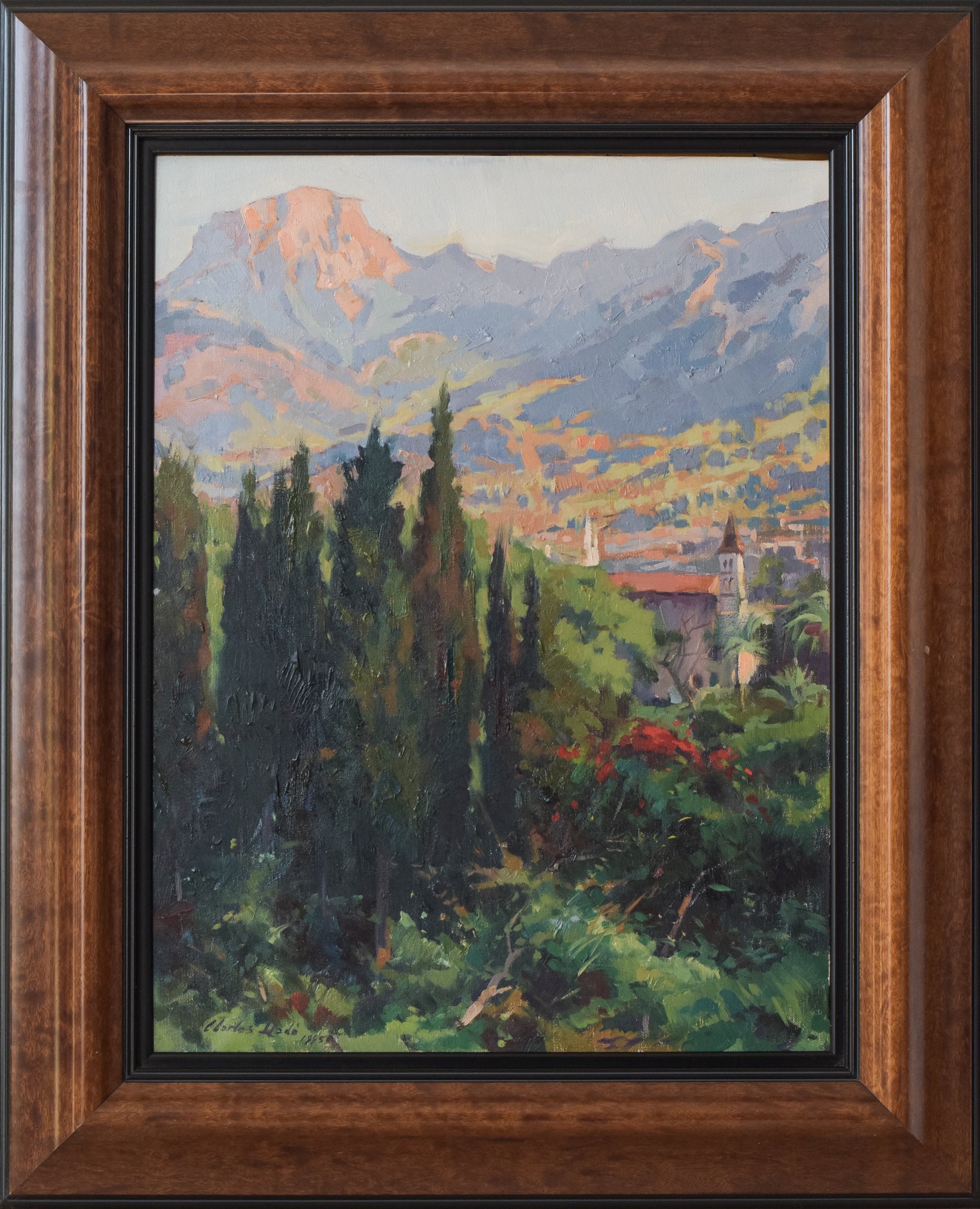 A painting of a landscape with trees and mountains in the background.