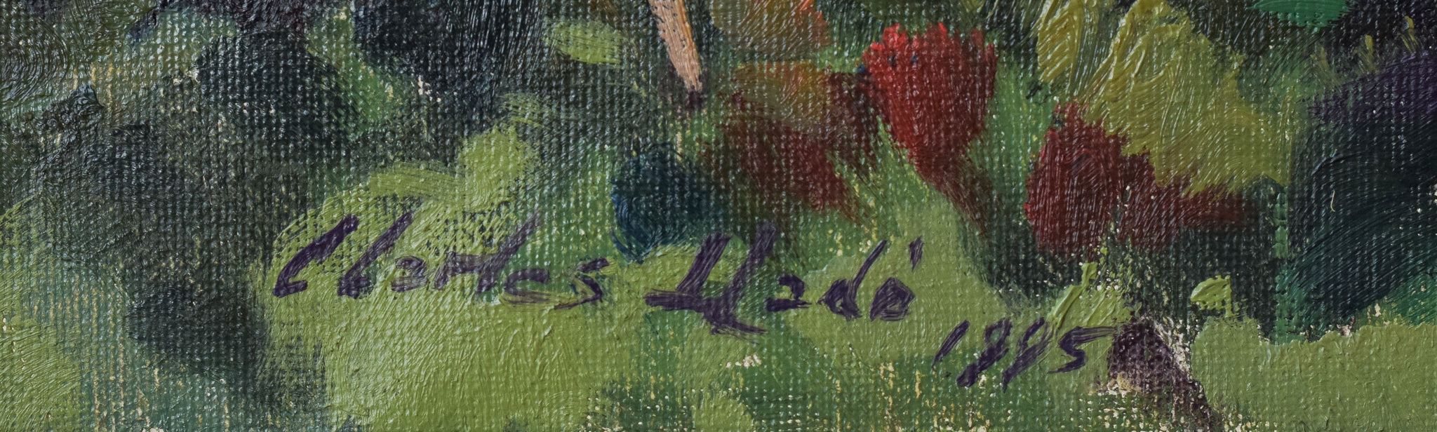 A painting of a landscape with trees and mountains in the background.